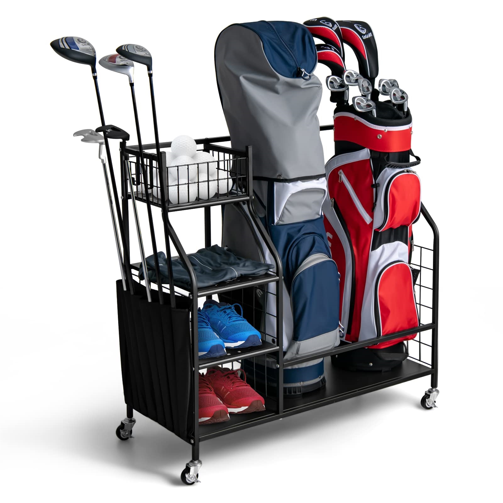 support de rangement pour sac de golf avec roues universelles verrouillables, organisateur de stockage en métal pour accessoires golf avec étagère et 4 crochets