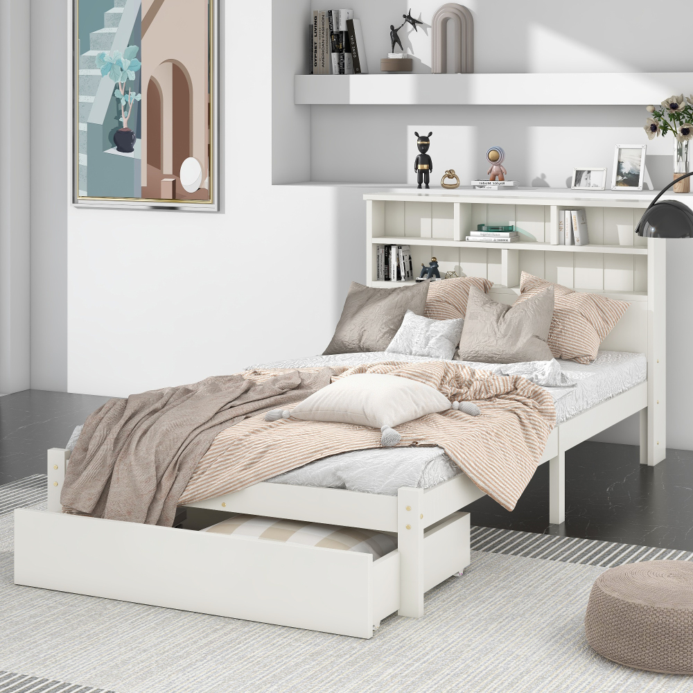 Bed with Shelves, White Wooden Storage Bed, Underbed Drawer - 3FT Single (90 x 190 cm) Frame Only