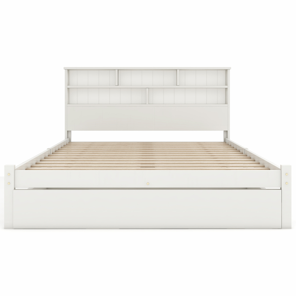 Bed with Shelves, White Wooden Storage Bed, Underbed Drawer - 3FT Single (90 x 190 cm) Frame Only