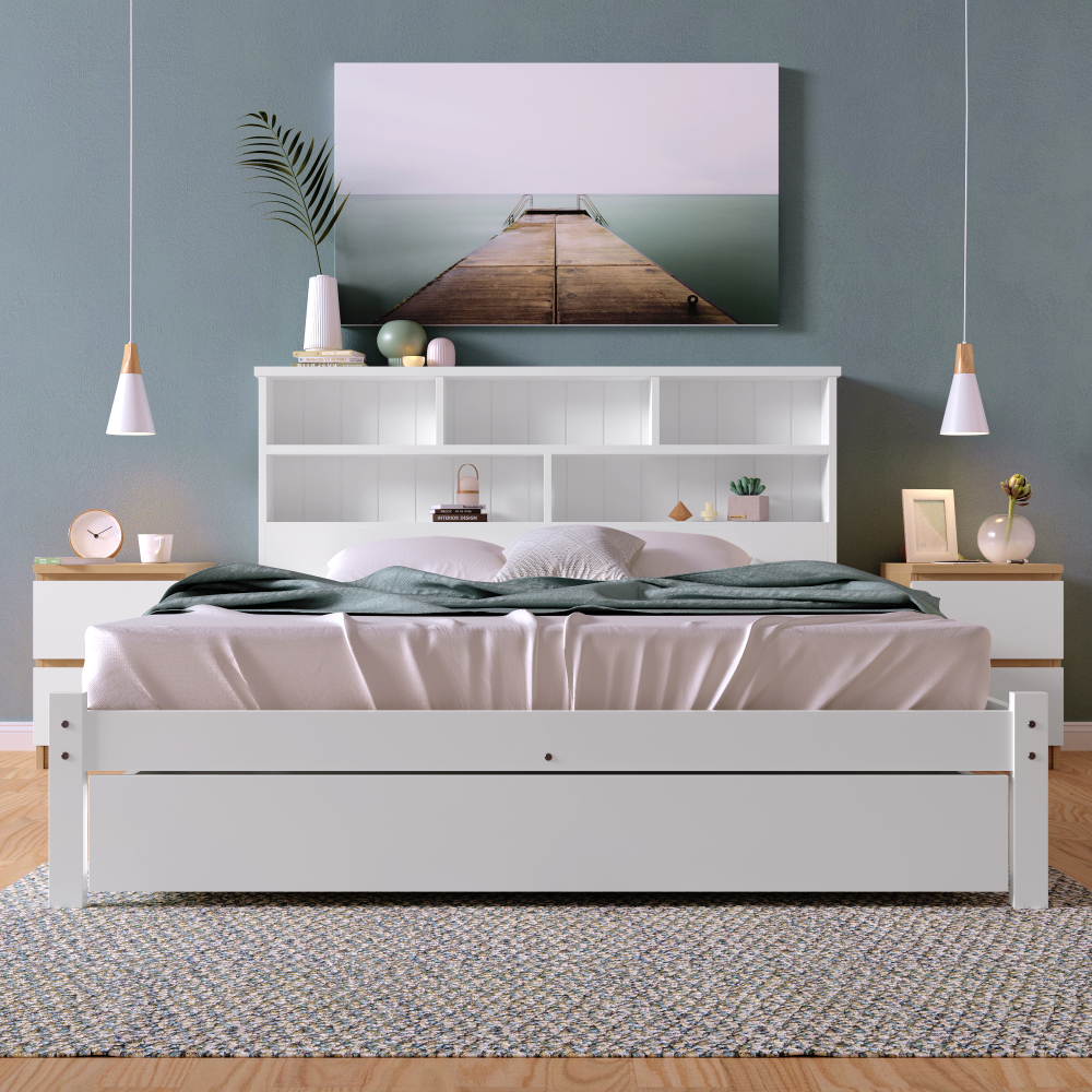 Bed with Shelves, White Wooden Storage Bed, Underbed Drawer - 3FT Single (90 x 190 cm) Frame Only