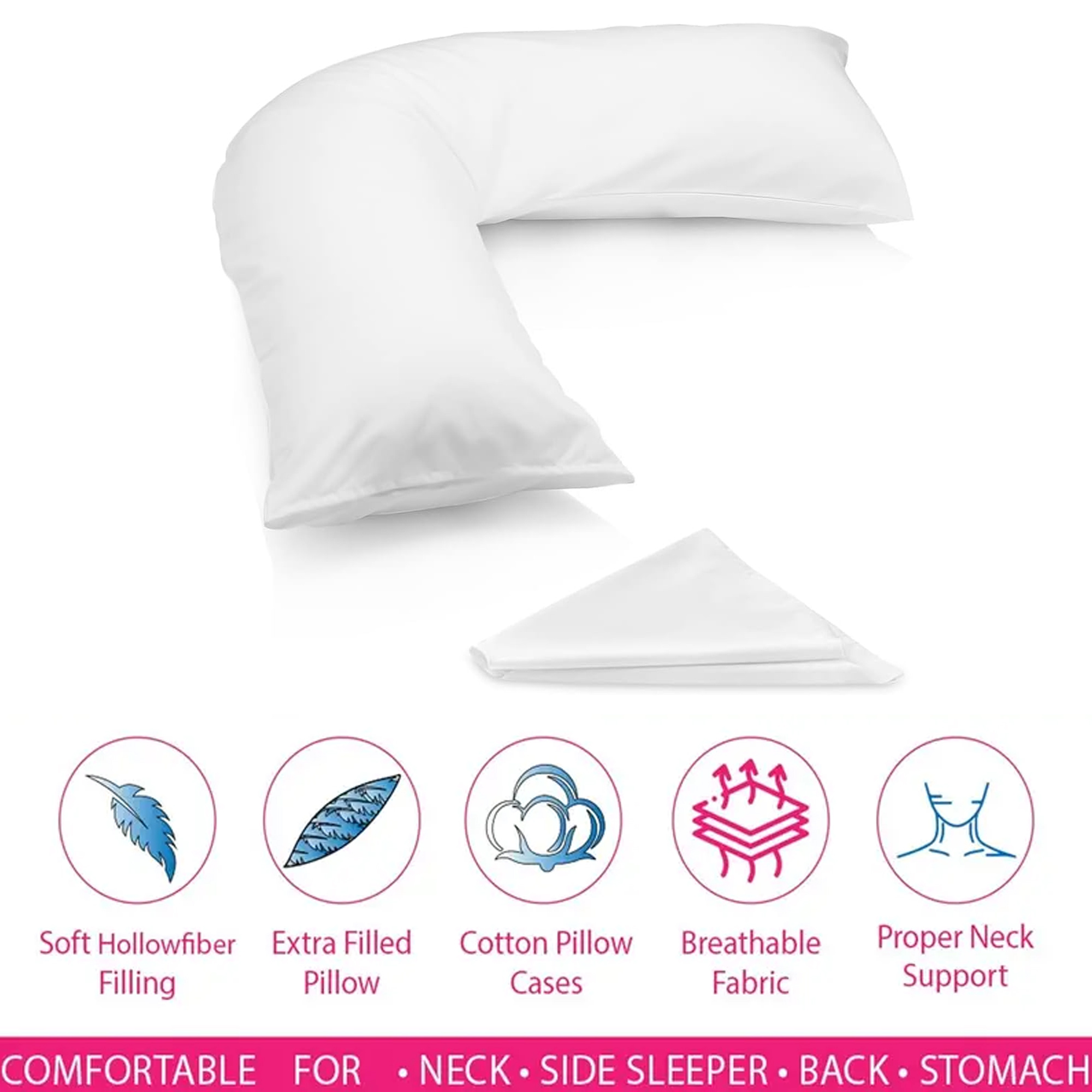 Adam Home V Pillow with Pillowcase Extra Filled Hollow Fiber for Neck Support, Orthopedic, Maternity Pregnancy & Nursing Super Soft & Comfortable V shaped Pillow with Pillowcase