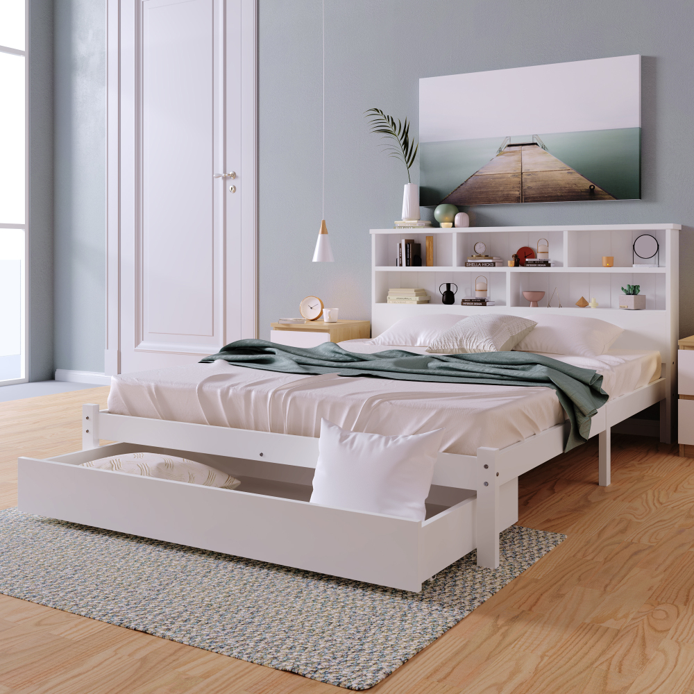 Bed with Shelves, White Wooden Storage Bed, Underbed Drawer - 3FT Single (90 x 190 cm) Frame Only