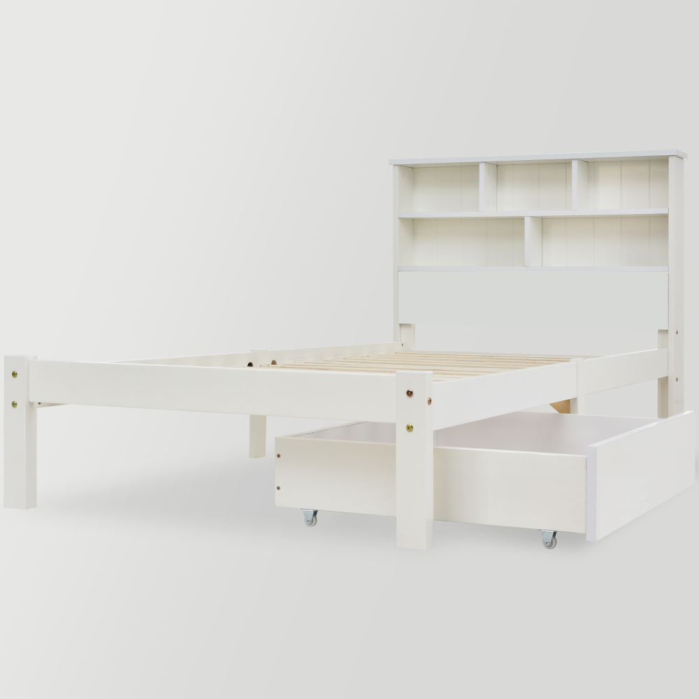 Bed with Shelves, White Wooden Storage Bed, Underbed Drawer - 3FT Single (90 x 190 cm) Frame Only