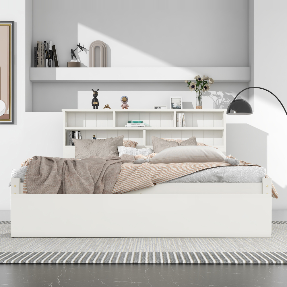 Bed with Shelves, White Wooden Storage Bed, Underbed Drawer - 3FT Single (90 x 190 cm) Frame Only
