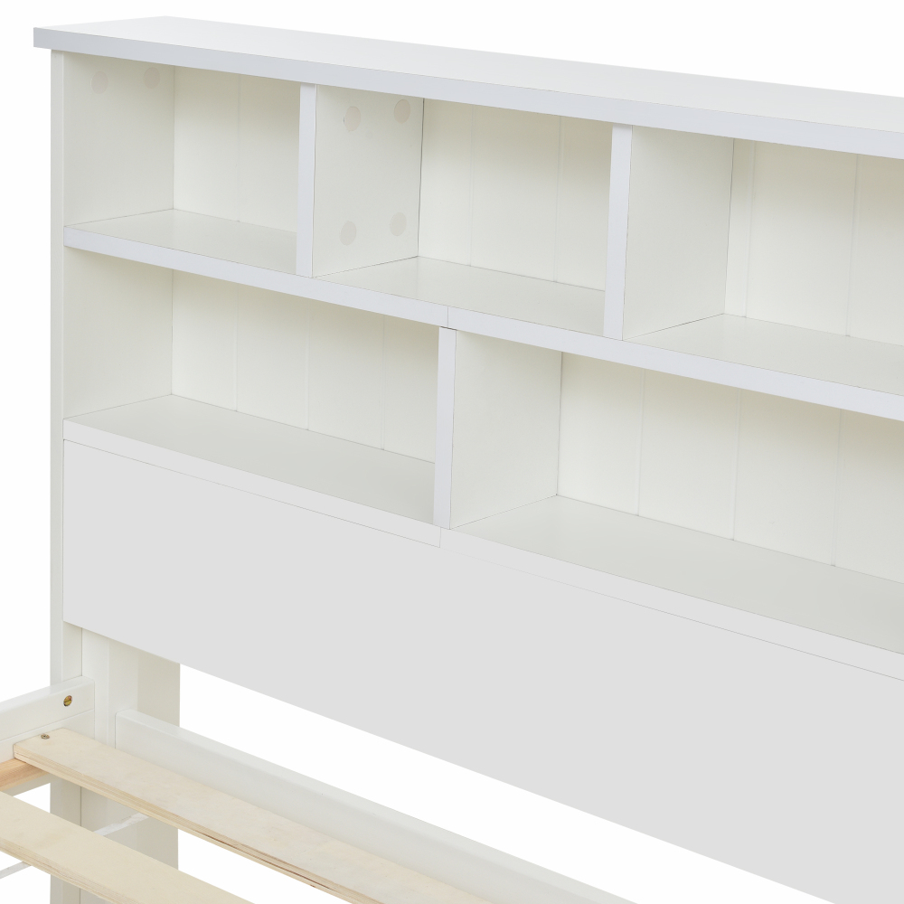 Bed with Shelves, White Wooden Storage Bed, Underbed Drawer - 3FT Single (90 x 190 cm) Frame Only