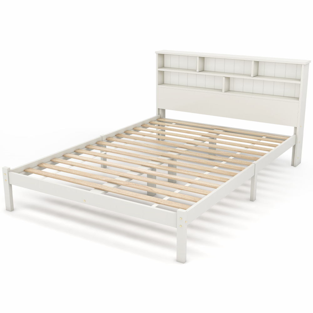 Bed with Shelves, White Wooden Storage Bed, Underbed Drawer - 3FT Single (90 x 190 cm) Frame Only