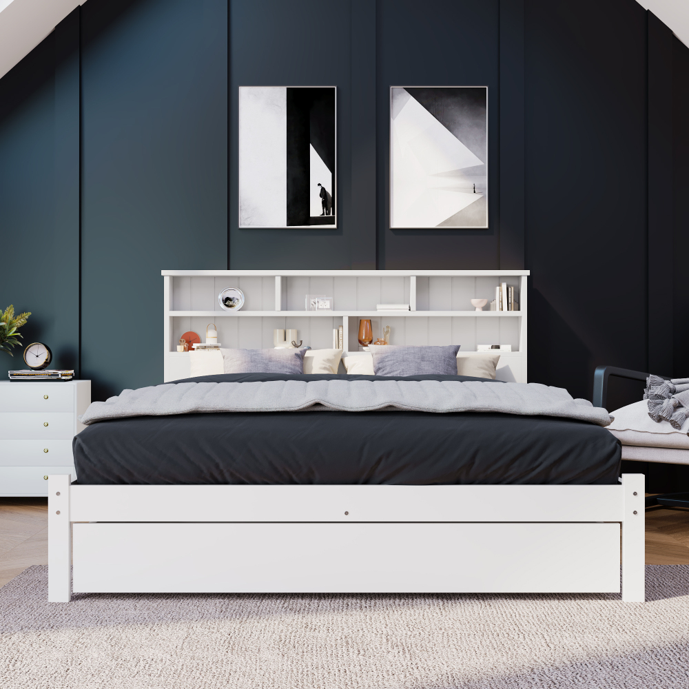 Bed with Shelves, White Wooden Storage Bed, Underbed Drawer - 3FT Single (90 x 190 cm) Frame Only