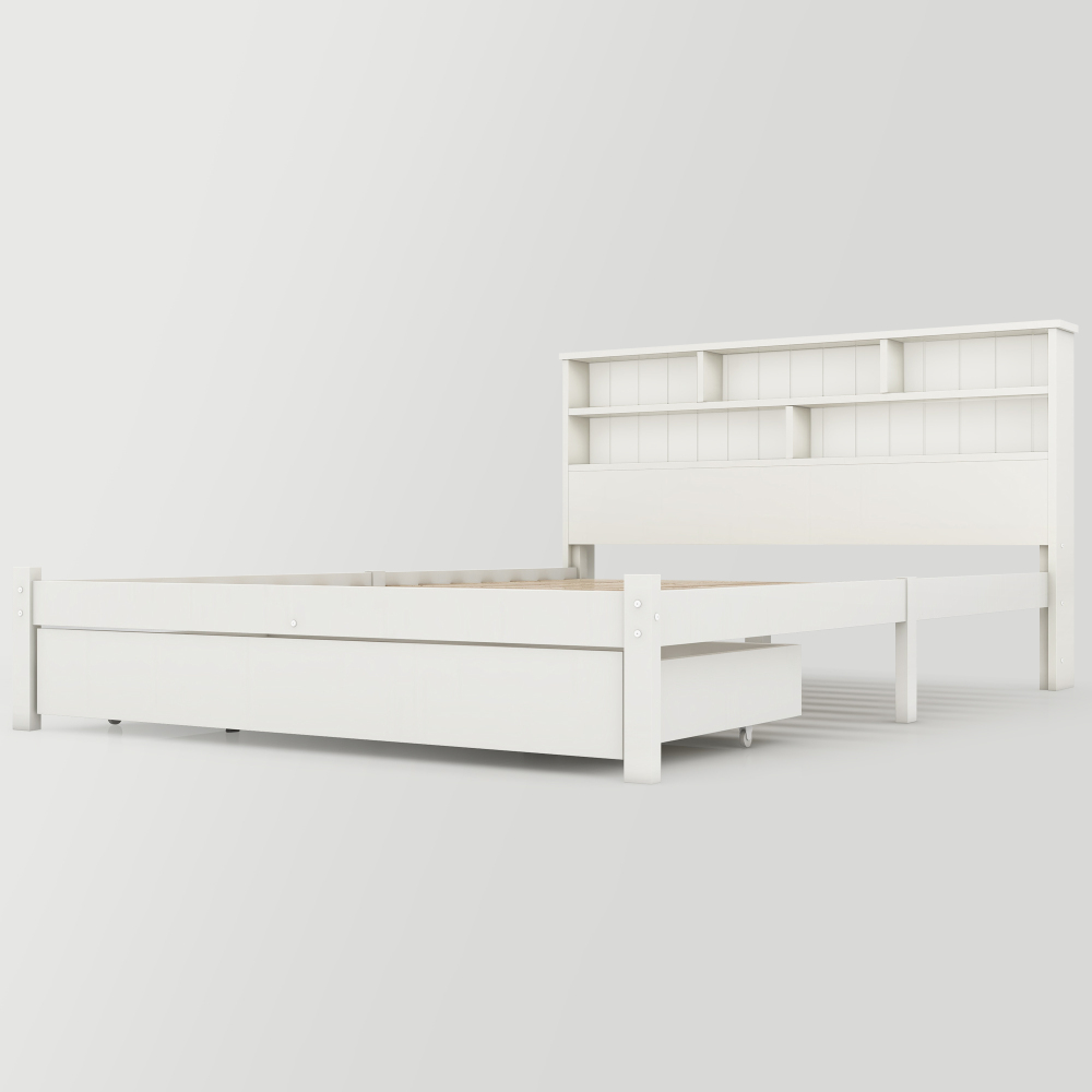 Bed with Shelves, White Wooden Storage Bed, Underbed Drawer - 3FT Single (90 x 190 cm) Frame Only