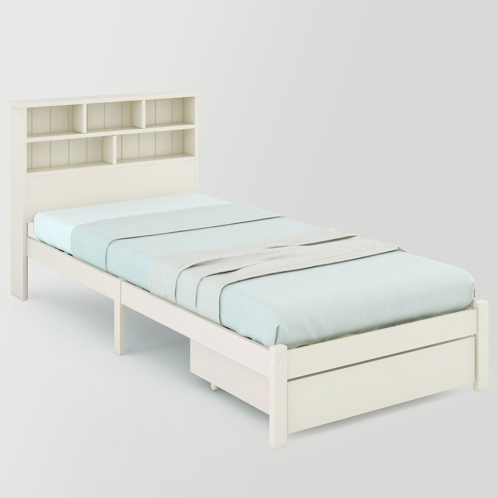 Bed with Shelves, White Wooden Storage Bed, Underbed Drawer - 3FT Single (90 x 190 cm) Frame Only