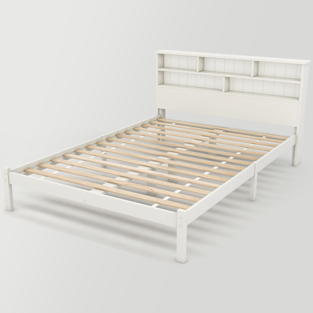 Bed with Shelves, White Wooden Storage Bed, Underbed Drawer - 3FT Single (90 x 190 cm) Frame Only