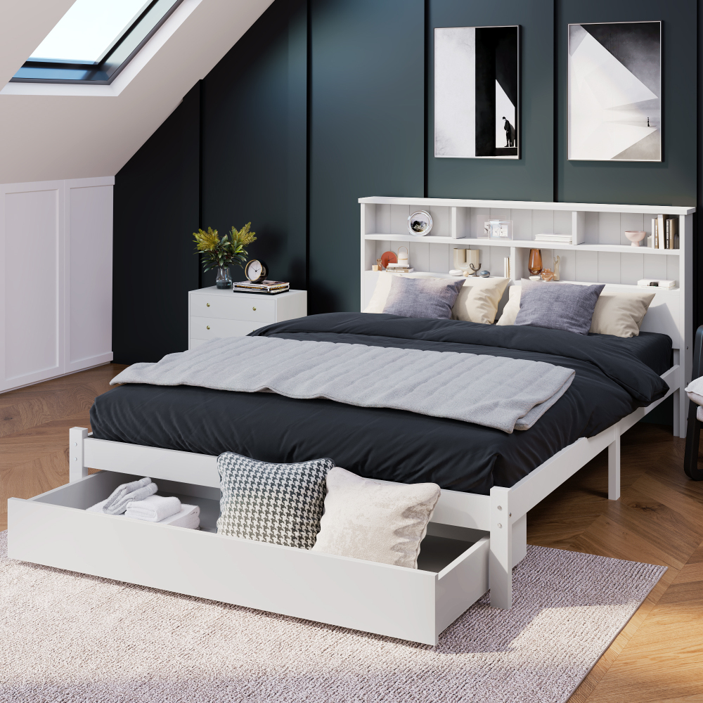 Bed with Shelves, White Wooden Storage Bed, Underbed Drawer - 3FT Single (90 x 190 cm) Frame Only