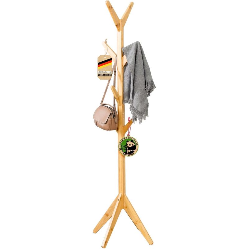 Karat Bamboo Coat Rack - With 8 Hooks - Modern Wardrobe Stand For Entrance, Hallway, And Bedroom