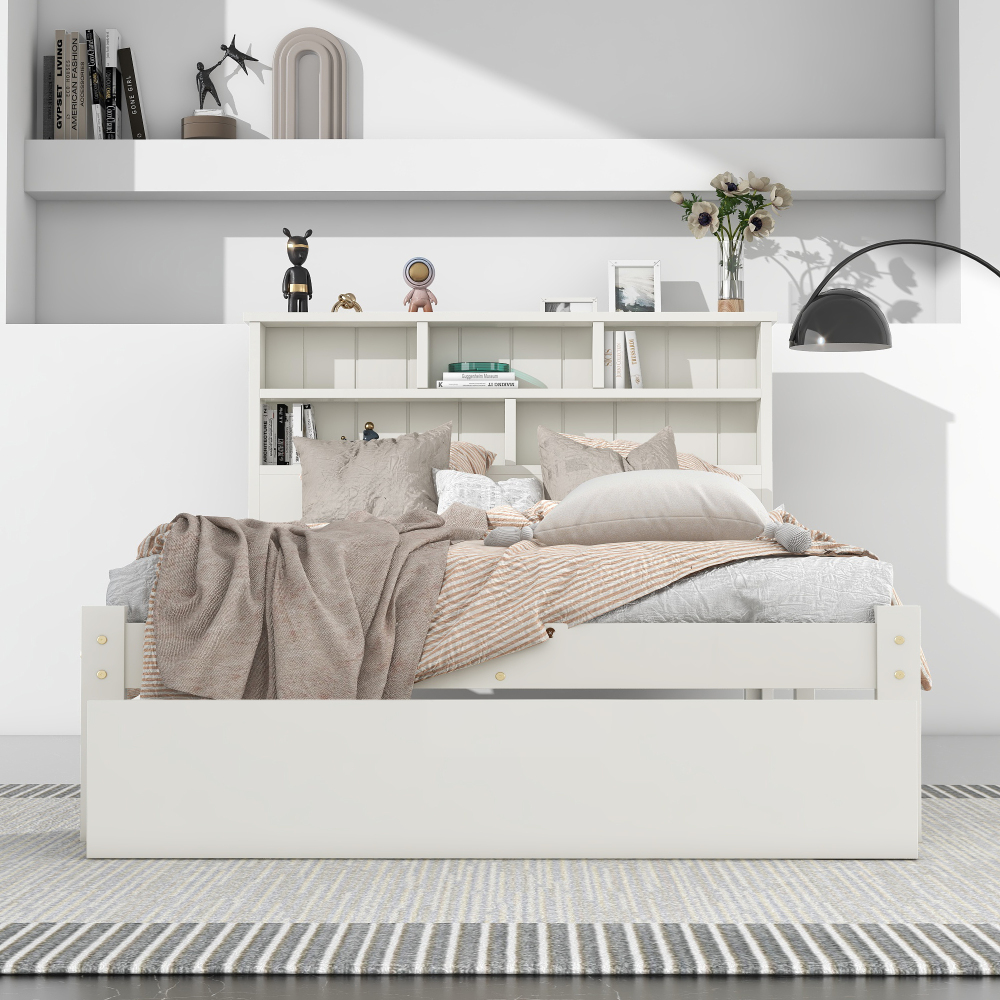 Bed with Shelves, White Wooden Storage Bed, Underbed Drawer - 3FT Single (90 x 190 cm) Frame Only