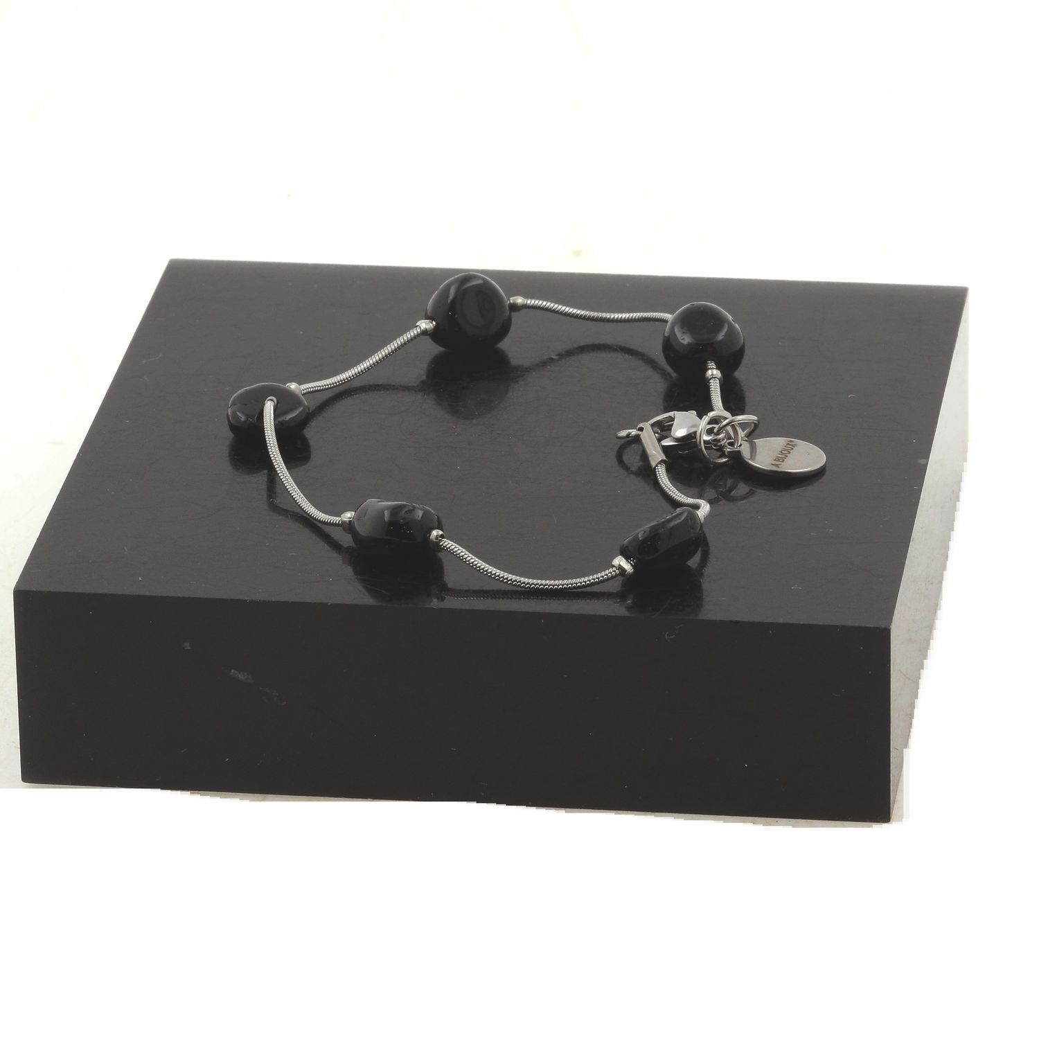 TEMU Bracciale in Acciaio Inossidabile con 5 Perle Naturali di Turmalina Schorl, Forma , 5mm-8mm