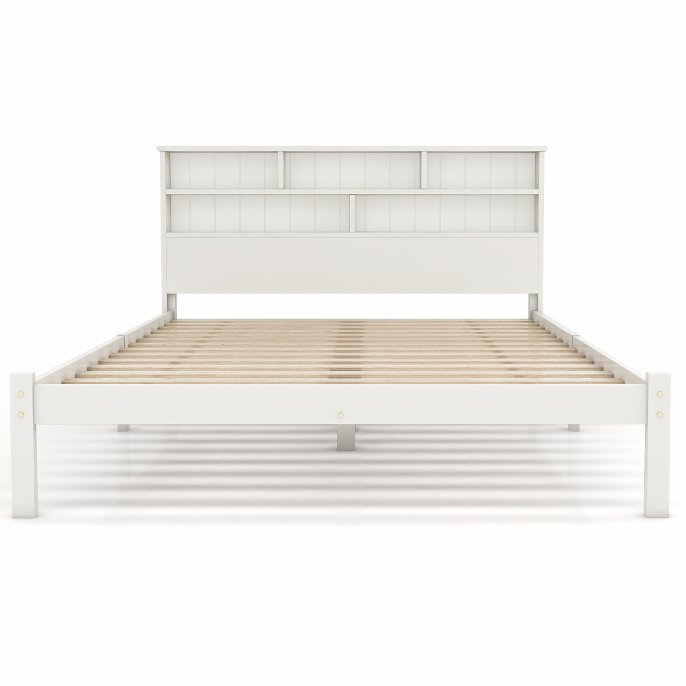 Bed with Shelves, White Wooden Storage Bed, Underbed Drawer - 3FT Single (90 x 190 cm) Frame Only