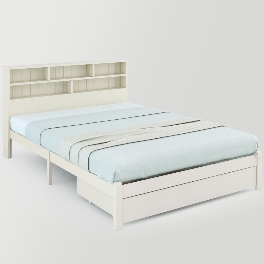 Bed with Shelves, White Wooden Storage Bed, Underbed Drawer - 3FT Single (90 x 190 cm) Frame Only