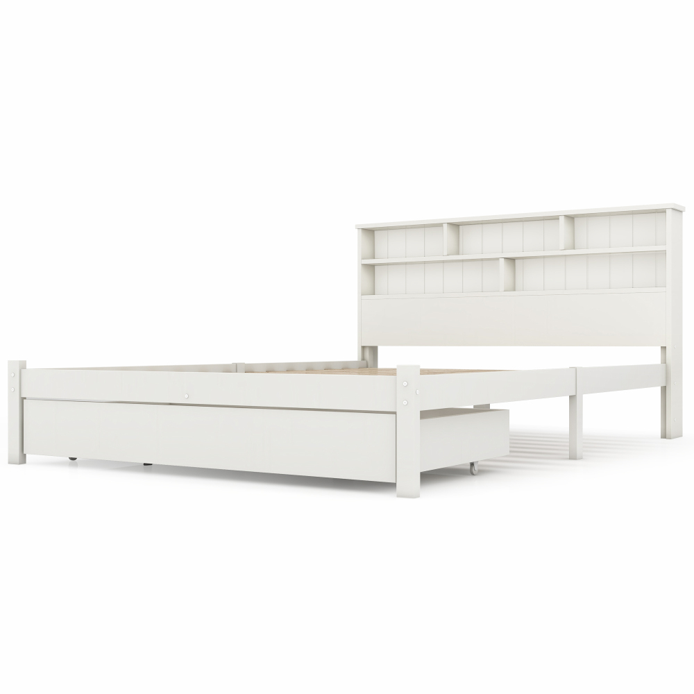 Bed with Shelves, White Wooden Storage Bed, Underbed Drawer - 3FT Single (90 x 190 cm) Frame Only