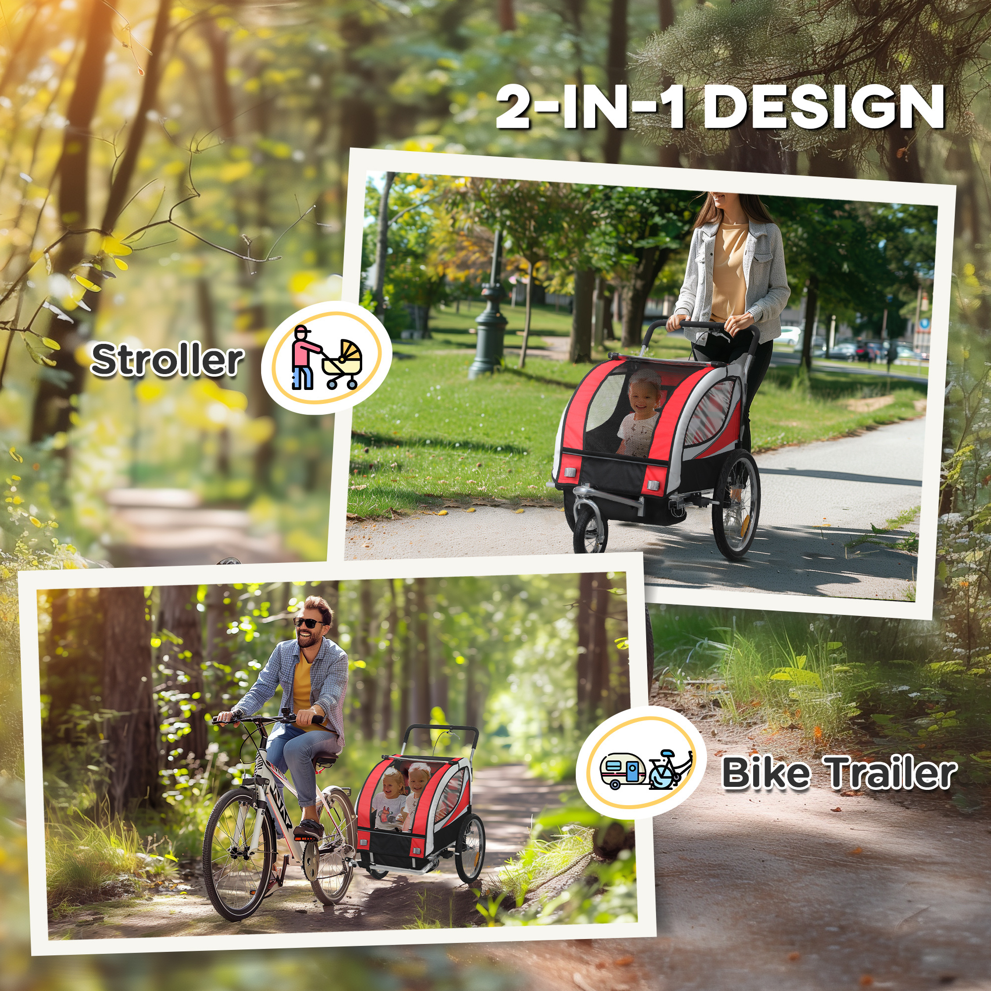 HOMCOM 2 Seat Child Bike Trailer, Baby Bicycle Trailer for 2 Kids, Red