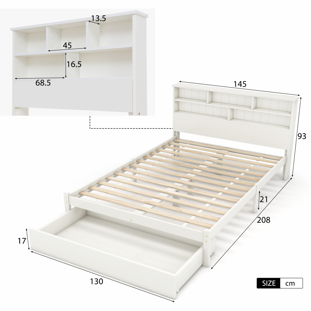 Bed with Shelves, White Wooden Storage Bed, Underbed Drawer - 3FT Single (90 x 190 cm) Frame Only