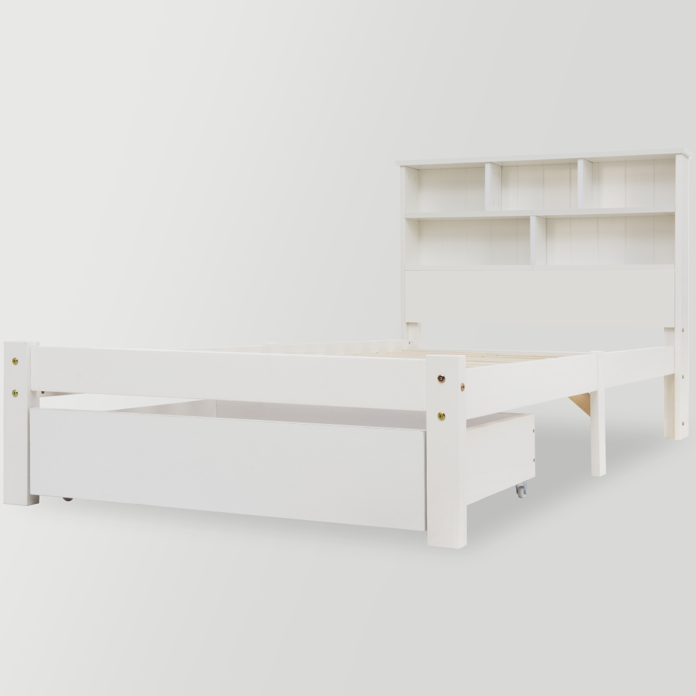 Bed with Shelves, White Wooden Storage Bed, Underbed Drawer - 3FT Single (90 x 190 cm) Frame Only