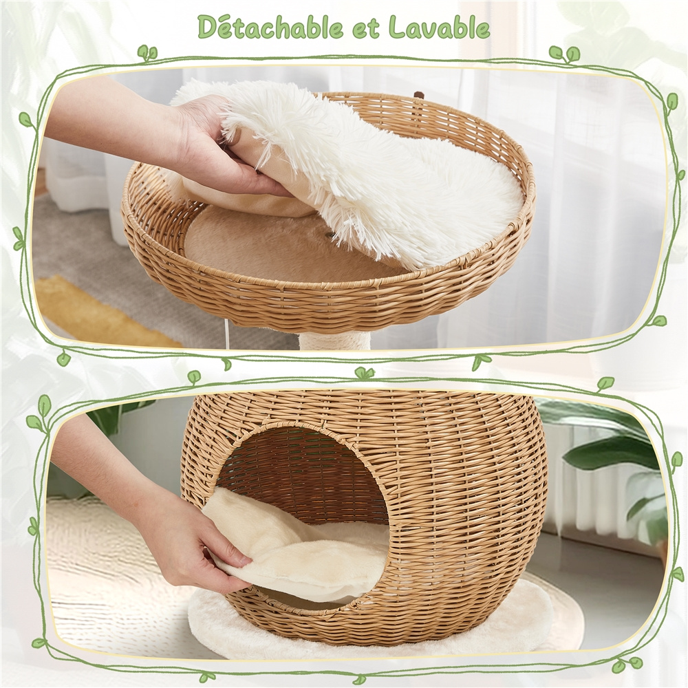Arbre à chat en osier Tour pour chat en peluche Design moderne avec cachette ronde Panier supérieur Griffoir en sisal Jouet