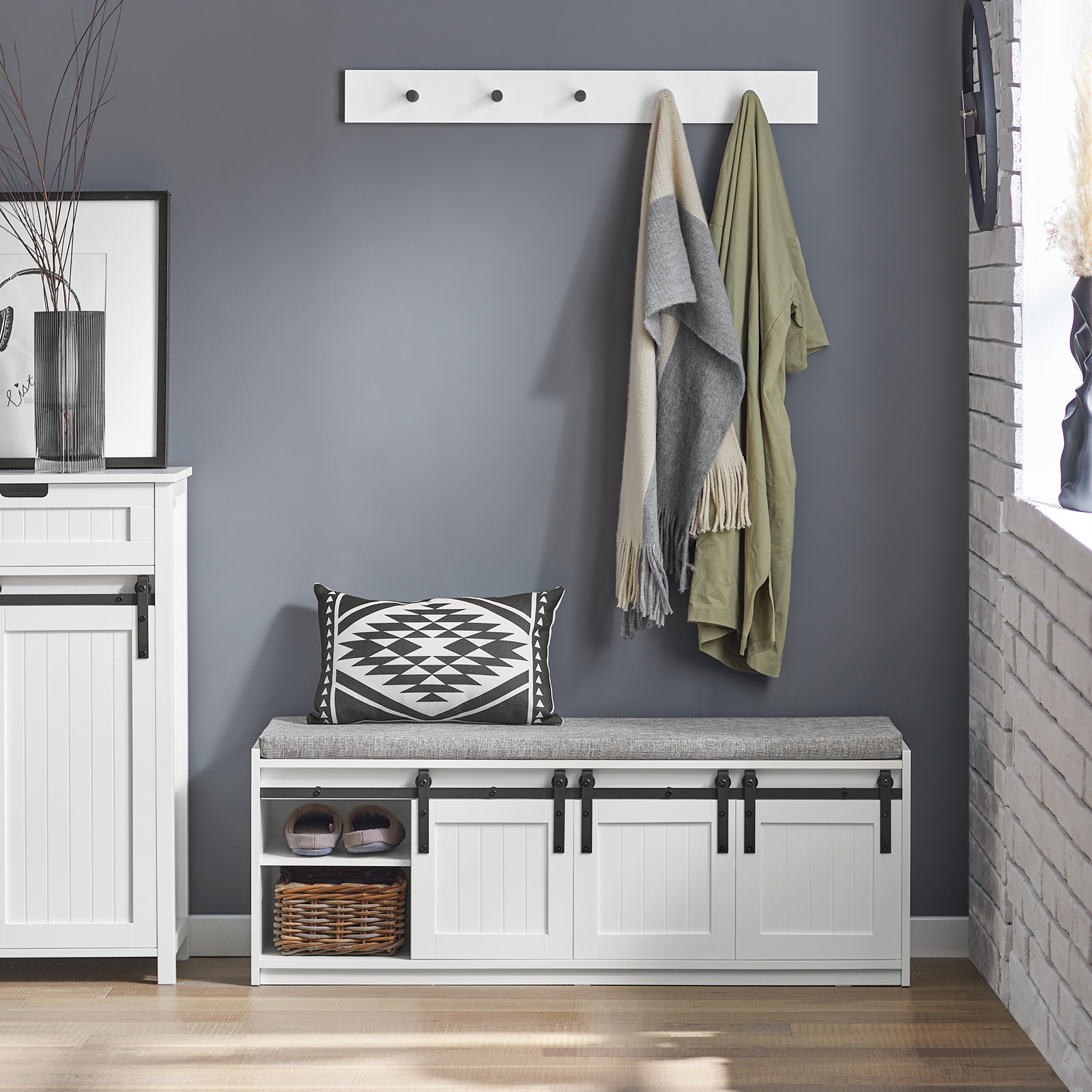 TEMU Sobuy Fsr133-w Shoe Rack, Shoe Cabinet, Entryway Storage Bench With Sliding Barn Door