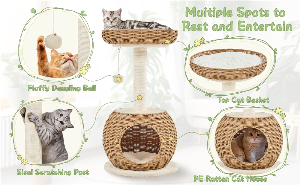 Arbre à chat en osier Tour pour chat en peluche Design moderne avec cachette ronde Panier supérieur Griffoir en sisal Jouet