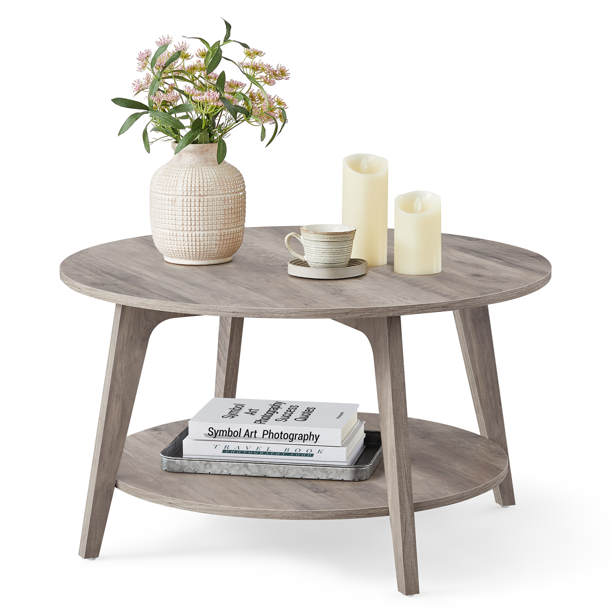 E-shop 1 Stück Runder Couchtisch 2 Ebenen,Beistelltisch aus Holz - Kleiner, platzsparender mit massivem Holzrahmen, für Empfangsbereich, Büro,