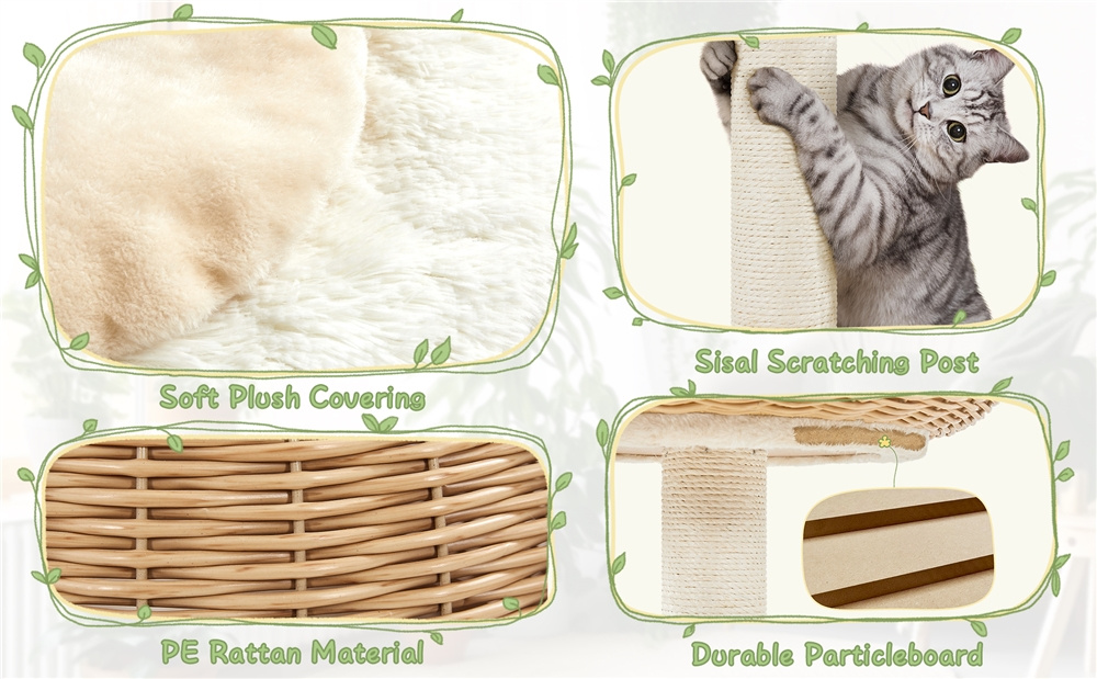 Arbre à chat en osier Tour pour chat en peluche Design moderne avec cachette ronde Panier supérieur Griffoir en sisal Jouet