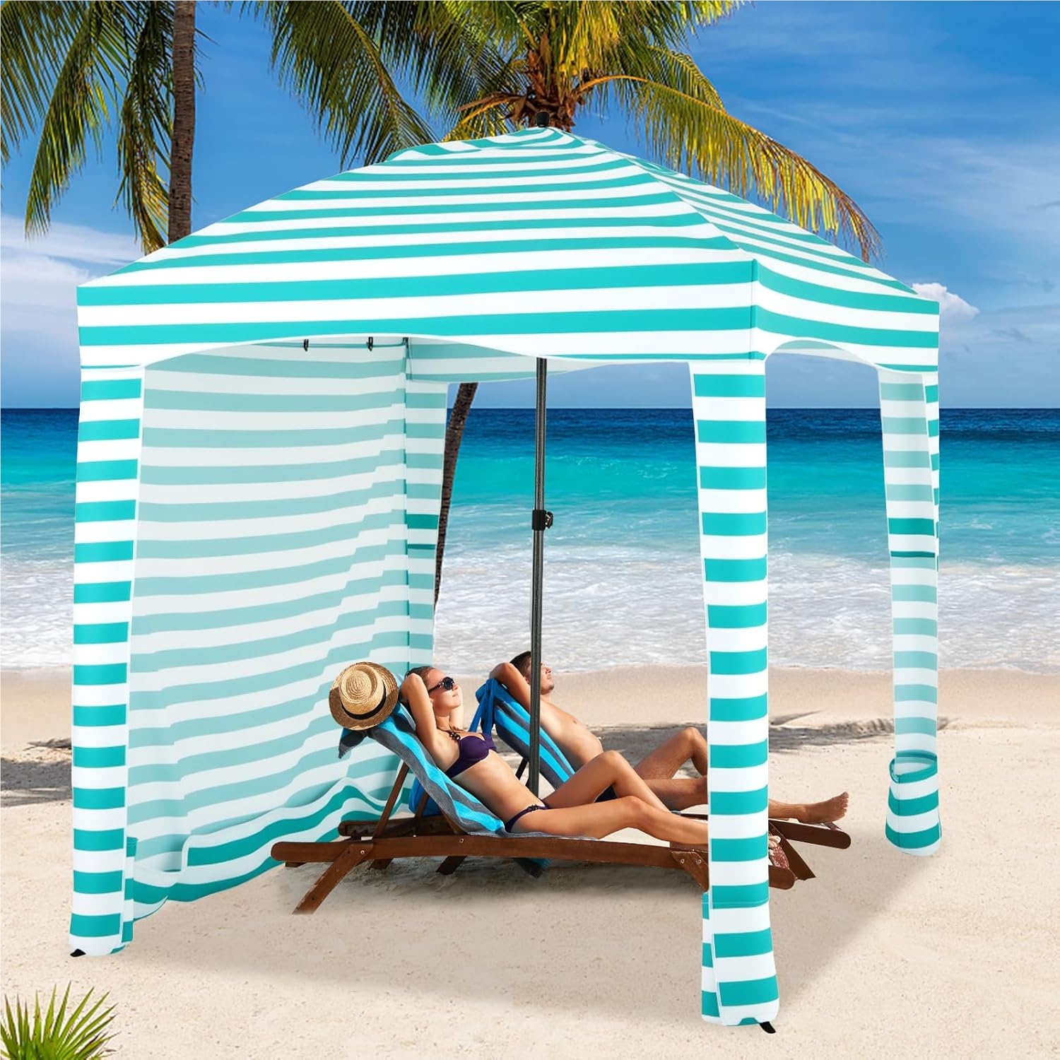 Image of Sunscreen With Removable Side Wall And 8 Sandbags, Portable Beach Tent With Carrying Bag, Outdoor Shade For Beach, Camping, Picnic, 183 X 183 Cm (white - Green)