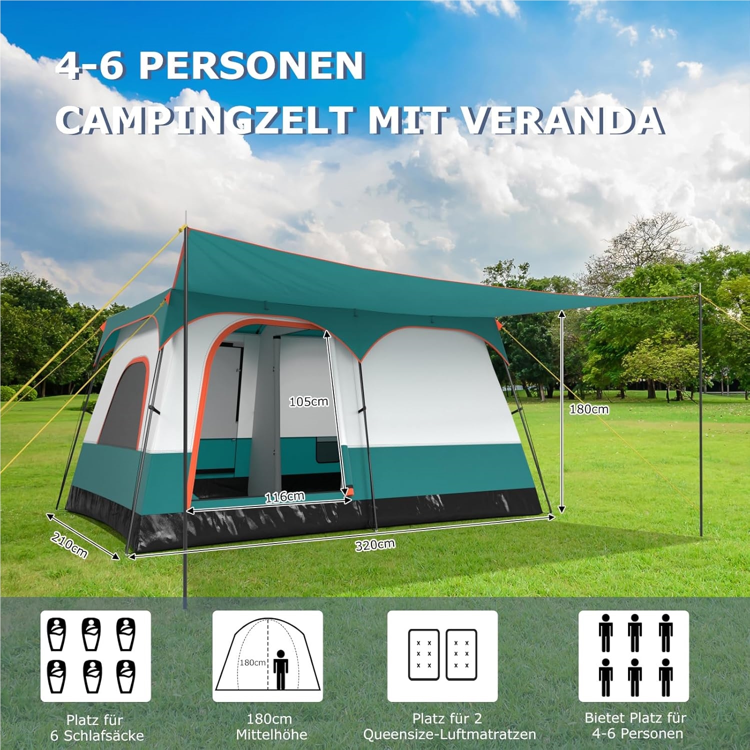 Image of Tent For 4 - 6 People, Large Camping Tent With Front Awning & Floor, & 2 Entrances, Tunnel Tent With Removable Roof & Carry Bag, Family Tent For Camping, Travel, Trekking