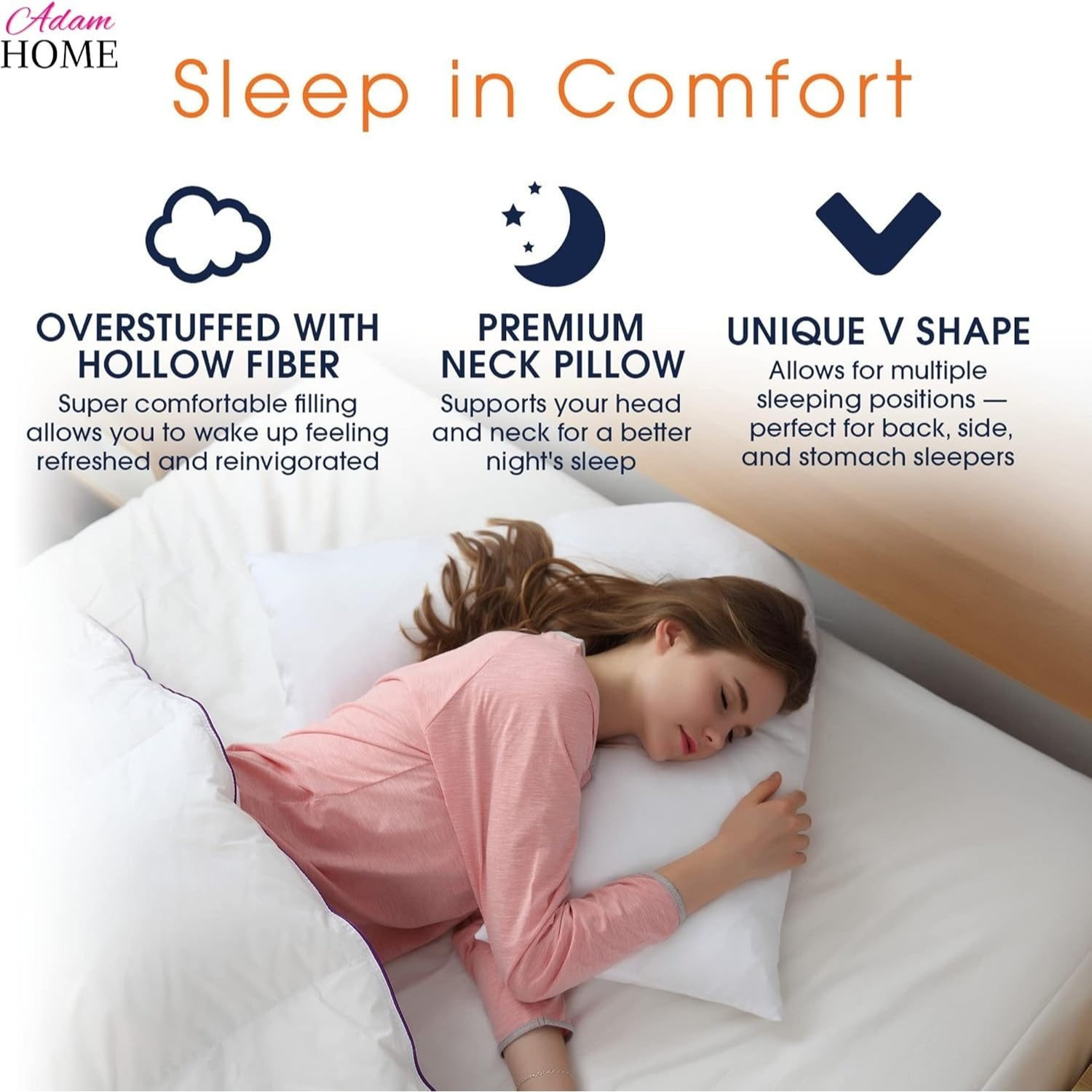 Adam Home V Pillow with Pillowcase Extra Filled Hollow Fiber for Neck Support, Orthopedic, Maternity Pregnancy & Nursing Super Soft & Comfortable V shaped Pillow with Pillowcase