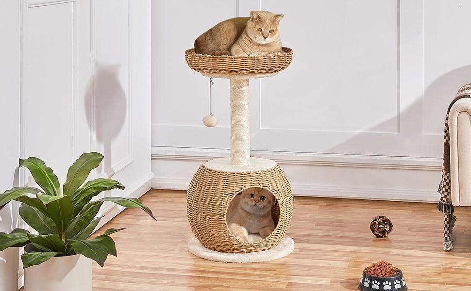 Arbre à chat en osier Tour pour chat en peluche Design moderne avec cachette ronde Panier supérieur Griffoir en sisal Jouet