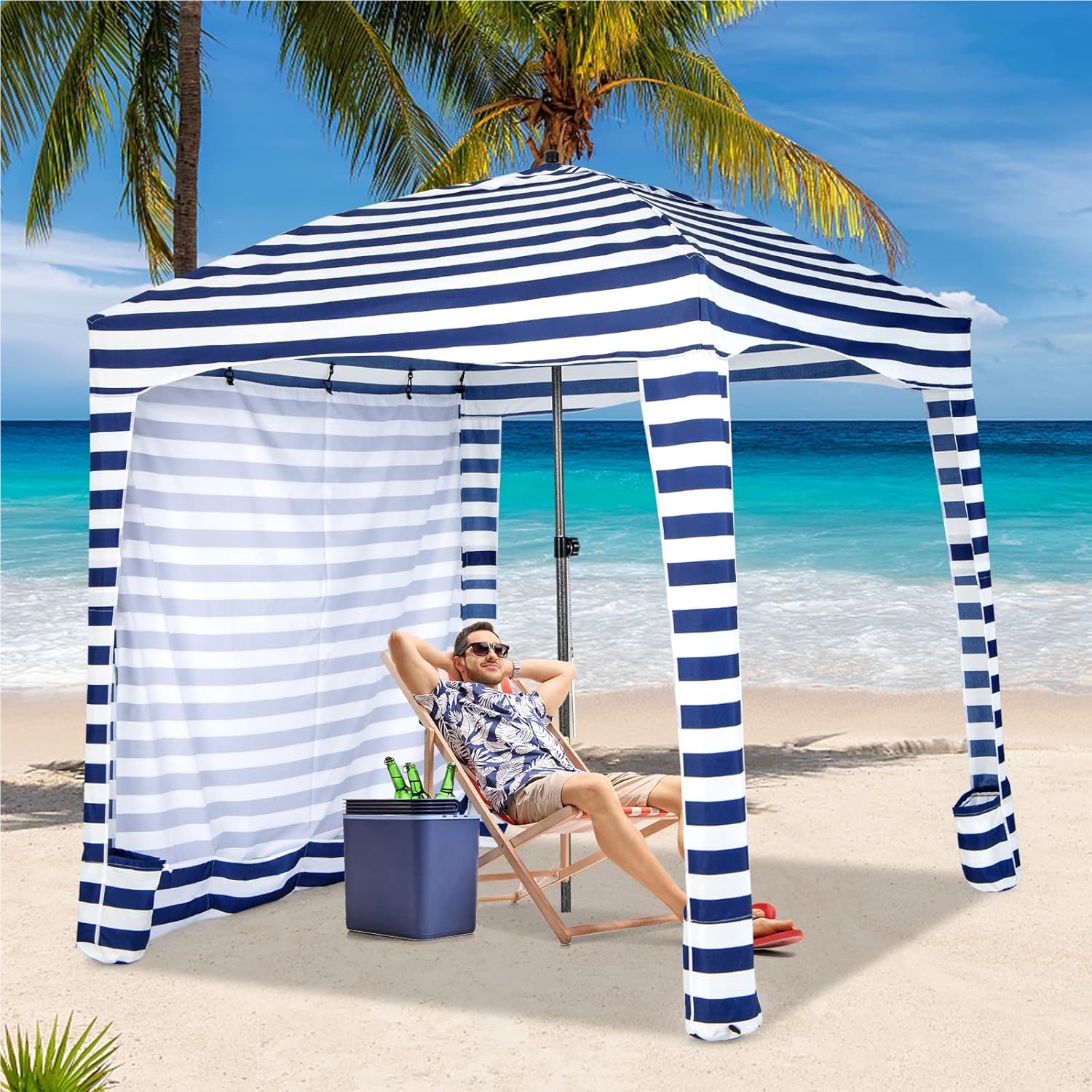 Image of Sunscreen With Removable Side Wall And 8 Sandbags, Portable Beach Tent With Carrying Bag, Outdoor Shade For Beach, Camping, Picnic, 183 X 183 Cm