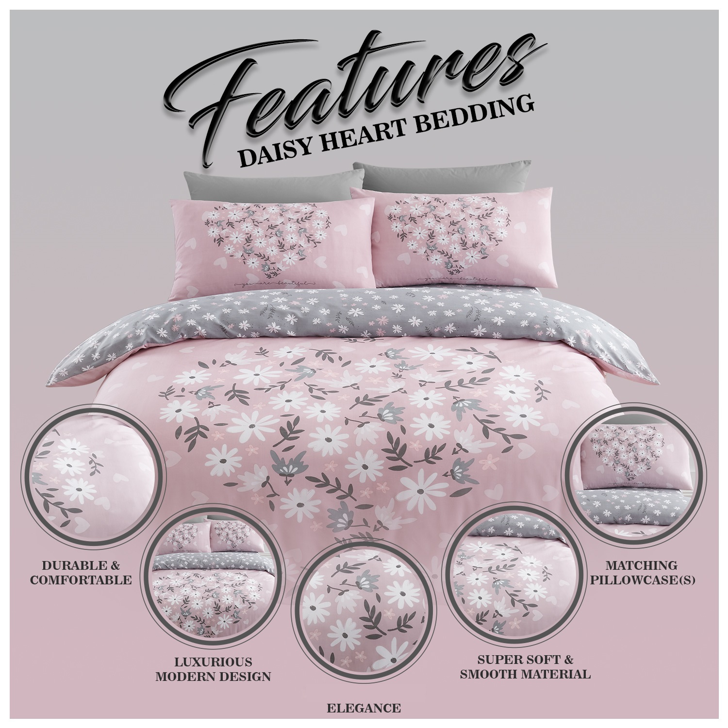 Elegant reverse side of the duvet cover with a silver and white floral pattern