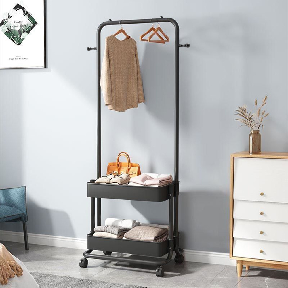 TEMU 150cm Tall Clothes Rail Black Metal Coat Rack Freestanding Garment Rack Hanger With 2 Side Hooks And 2-tier Lower Storage Shelf Baskets For