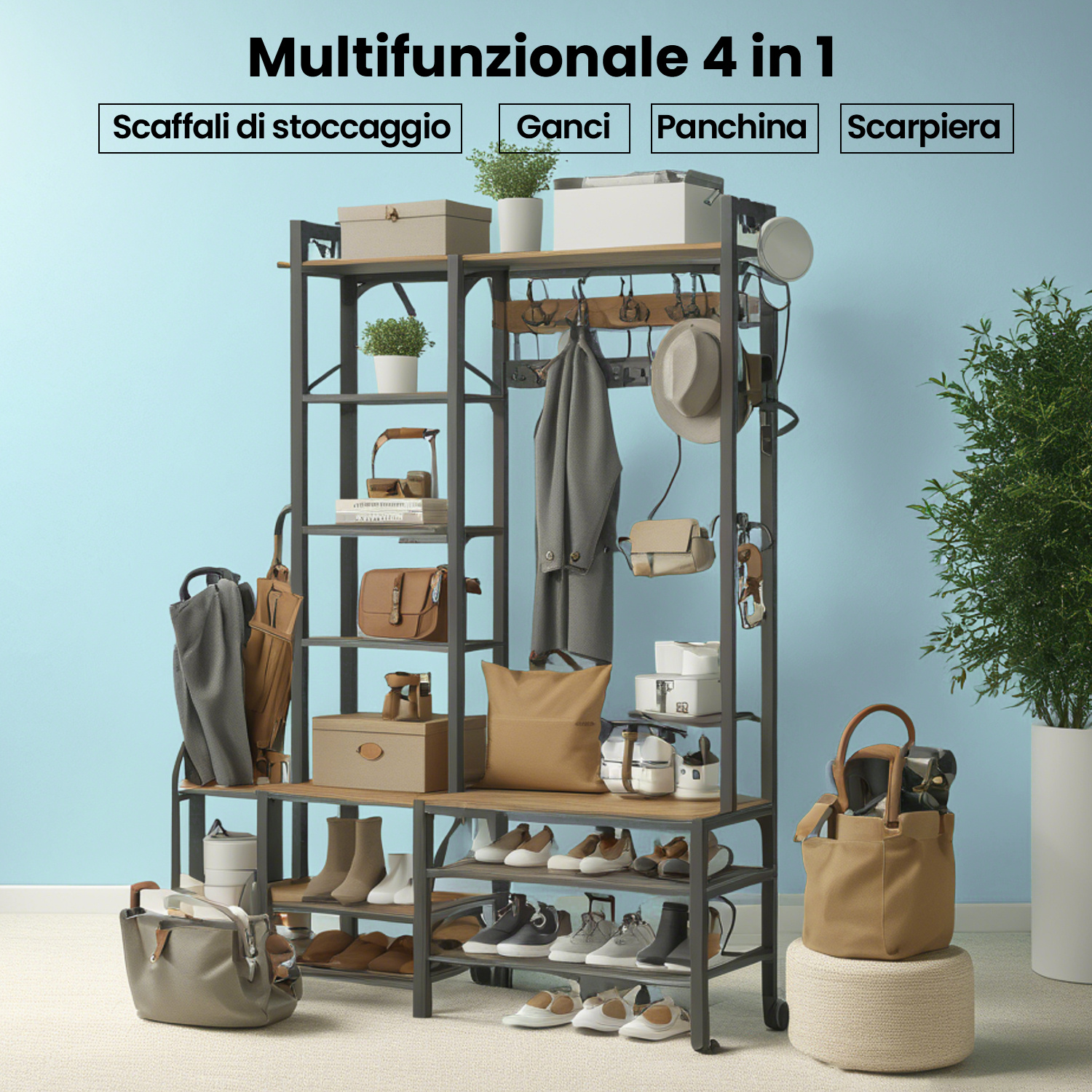 Appendiabiti Multifunzione JustRoomy A 5 Livelli - Struttura In Acciaio Con 7 Ripiani E Aste Appendino - Capacità 362 Kg - Nero - Armadio Aperto Per Camera E Lavanderia - 2