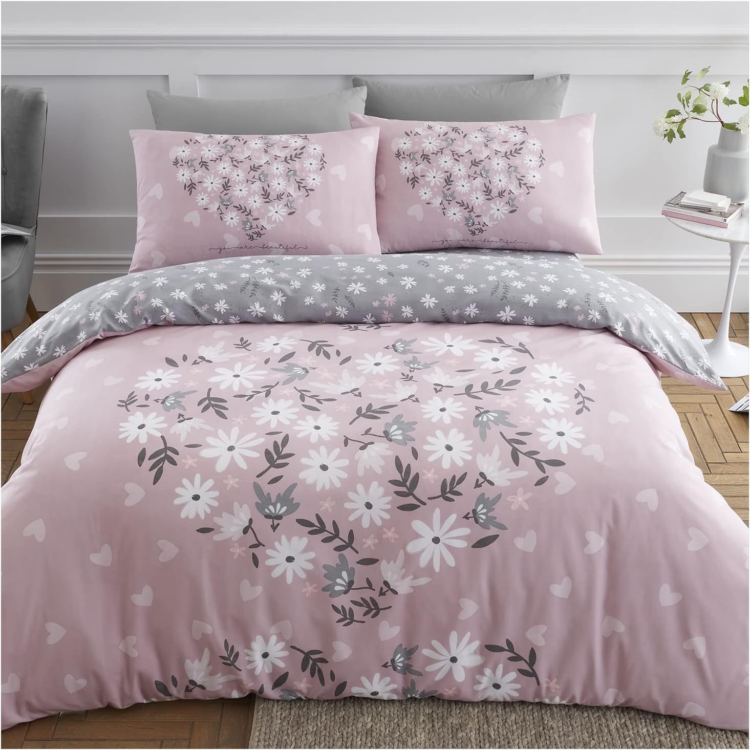 Floral Heart Reversible Duvet Cover Set | Uk Free Delivery