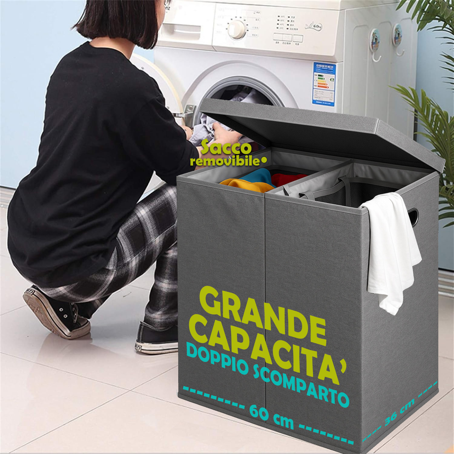 TEMU BAKAJI Cesto Portabiancheria Sporca 150 L a 2 Scomparti, Cestino con Sacchi Estraibili per Biancheria e Bucato, Vassoio di Smistamento con