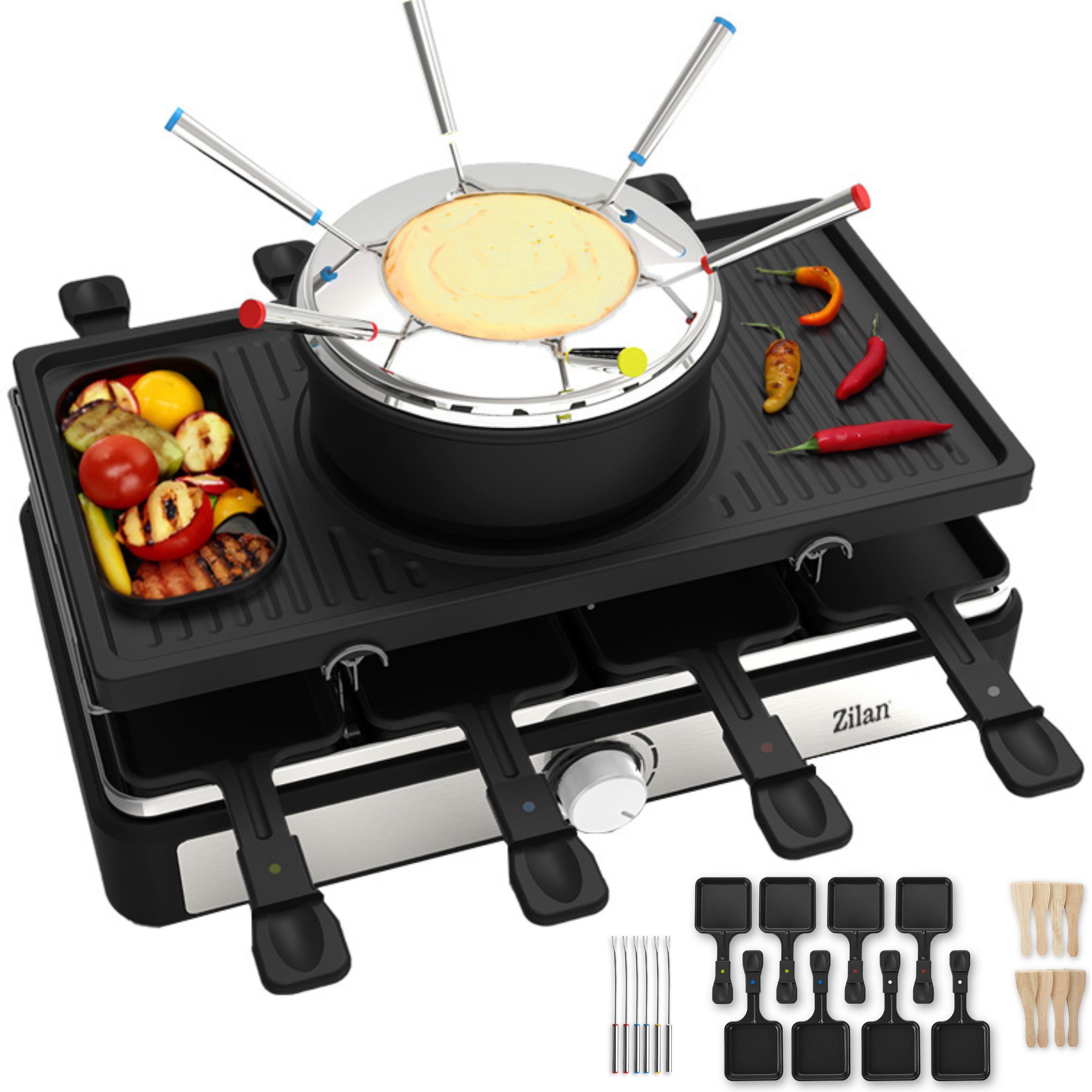 Image of Zilan Raclette Grill With Fondue Set | Raclette For 8 People | With Combined Grill Area | Stone And Grill Plate | 1,400 Watt | Coated And Dishwasher Safe | . 8x Wooden Spatulas