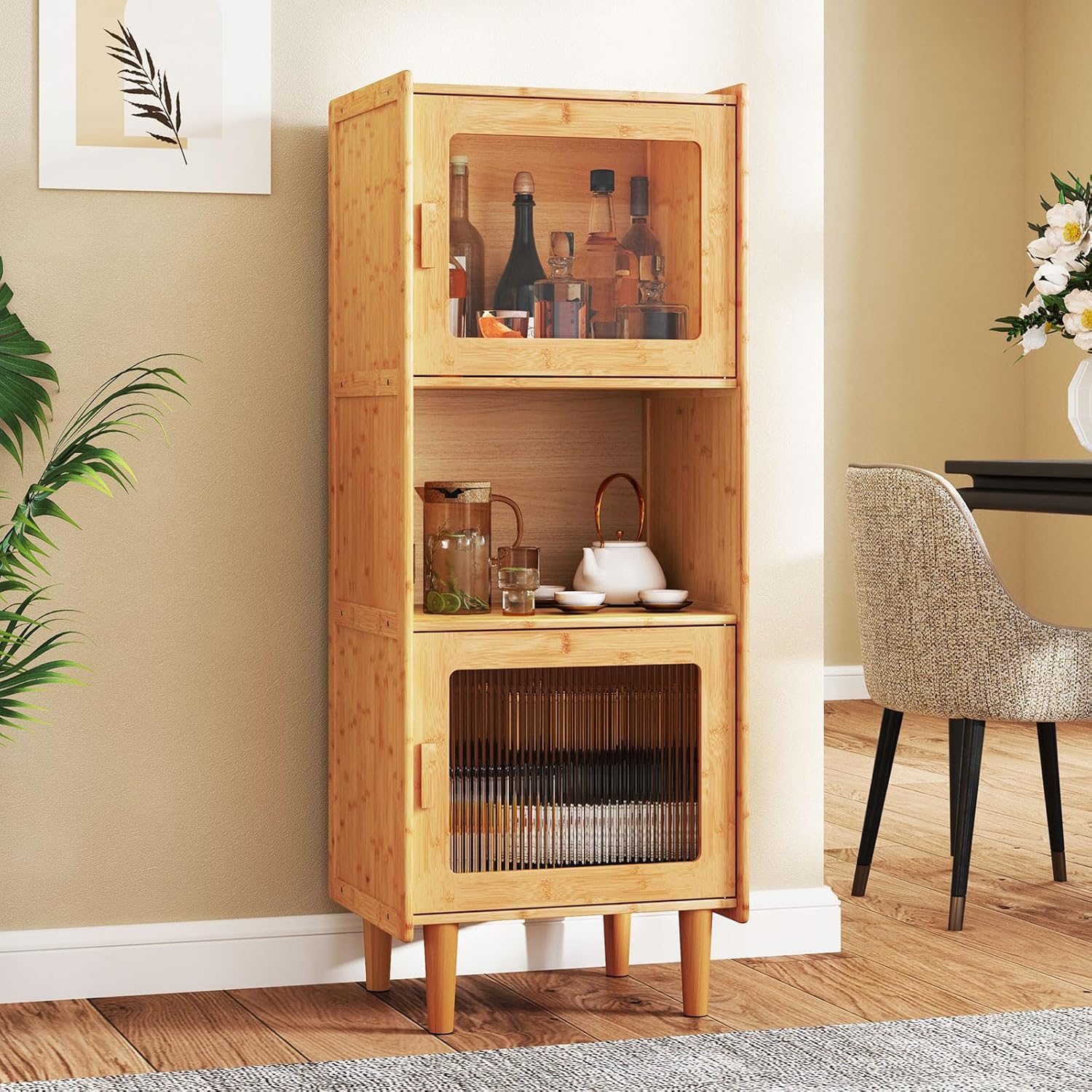 Bamboo Cabinet, 3-cube Kitchen Storage Cabinet With Open Compartment, 2 Acrylic Doors, Freestanding Bookcase, Small Corner Sideboard, Display Cabinet, Storage Organizer For Living Room, Bathroom
