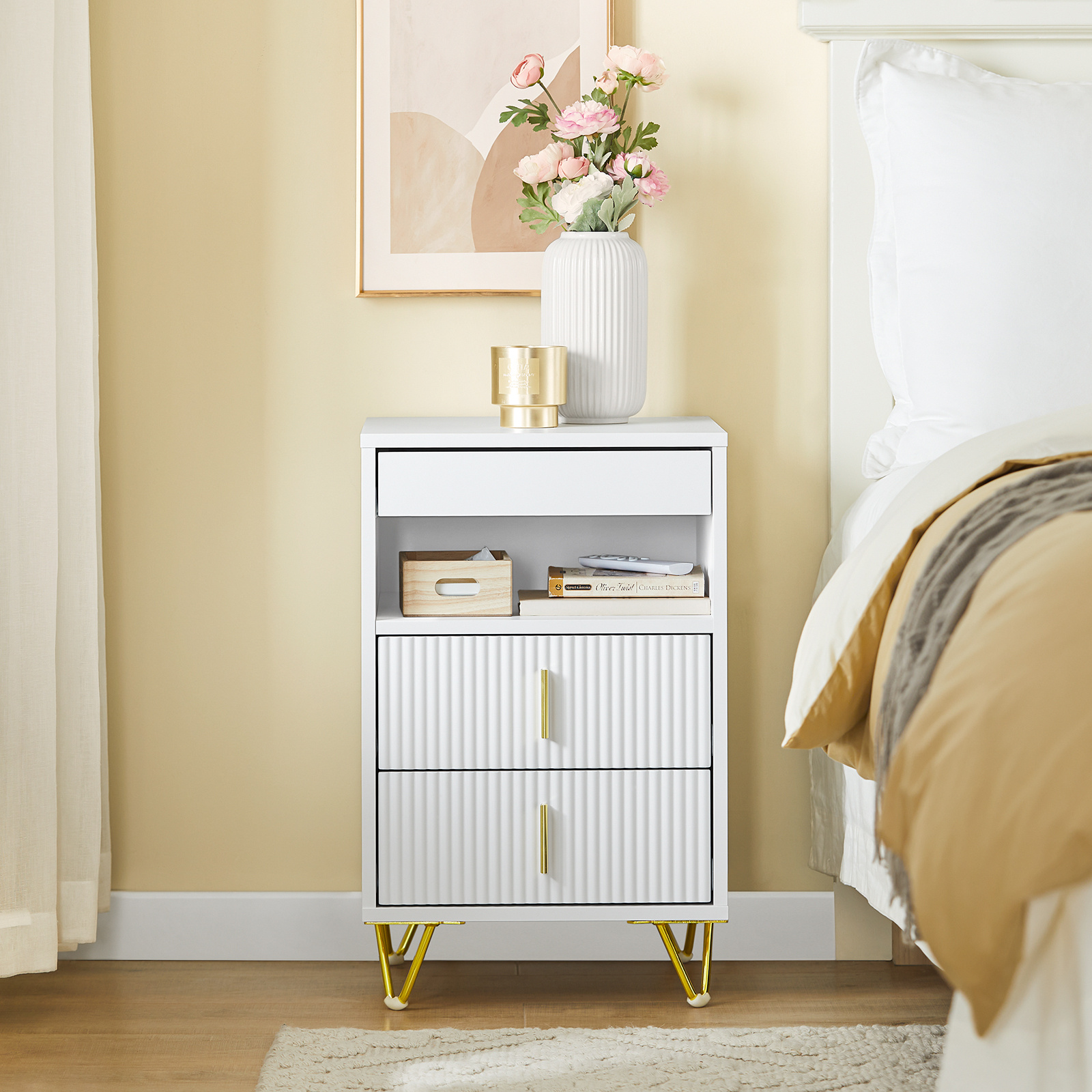 Image of 1 Piece Nightstand Bedside Cabinet Side Table Bedroom Furniture With 3 Drawers, 1 Open Shelf, Storage Cabinet Side Table For Bedroom, Living Room, Study Room, Adults, White, 40x40x63cm, Sobuy Gcu279-x