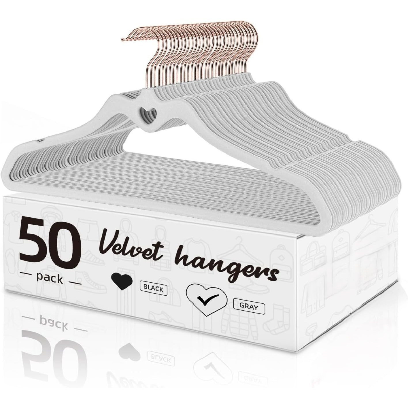 E-shop 50 Stück Herzförmig Kleiderbügel Samt(42cm) -, 360° Drehbarer Haken kleiderbügel breit,Schwere Samtbügel- Grau， Hosenbügel Platzsparend,