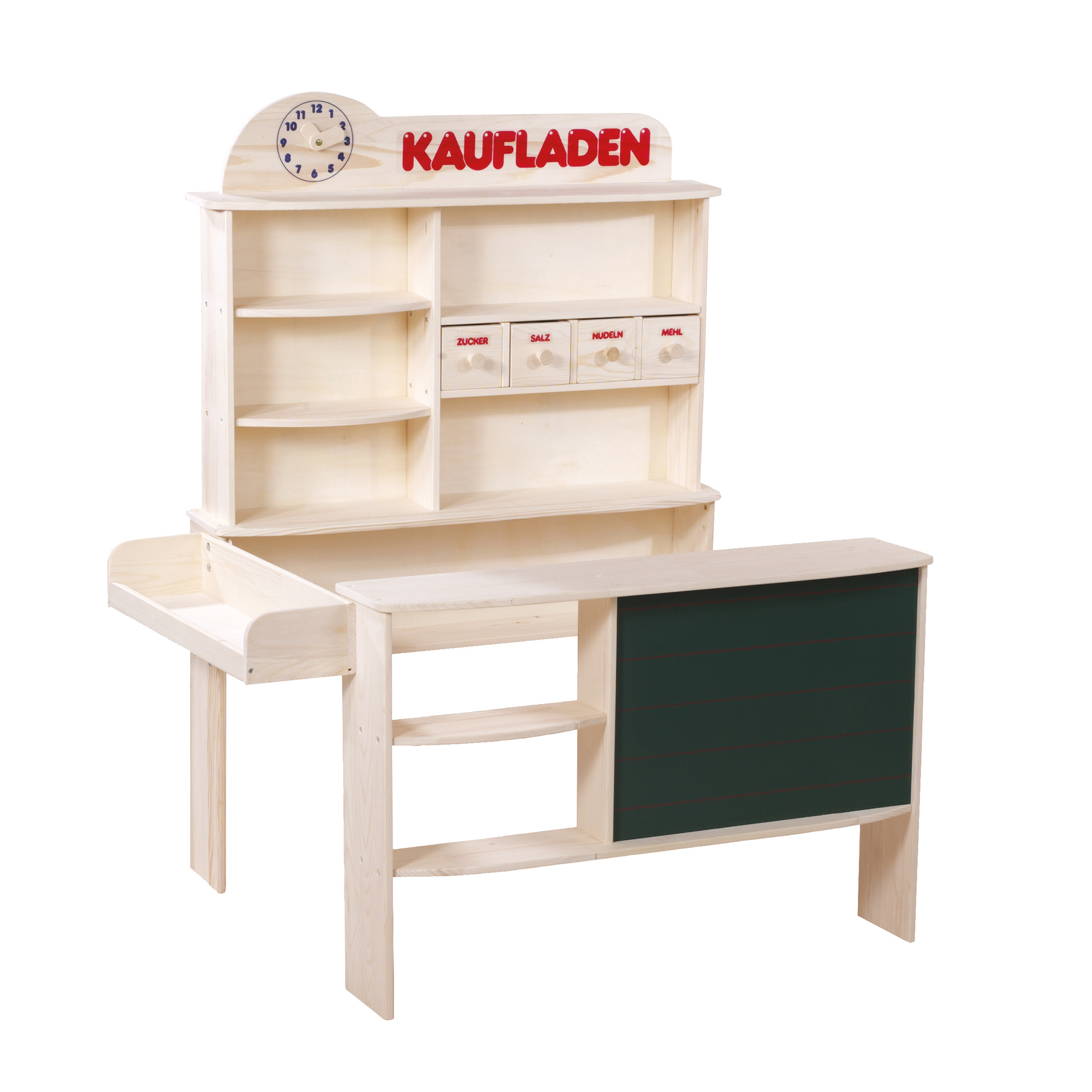 Play Shop - Stand With 4 Drawers, Clock, Chalkboard, Counter & Side Counter - Natural Wood
