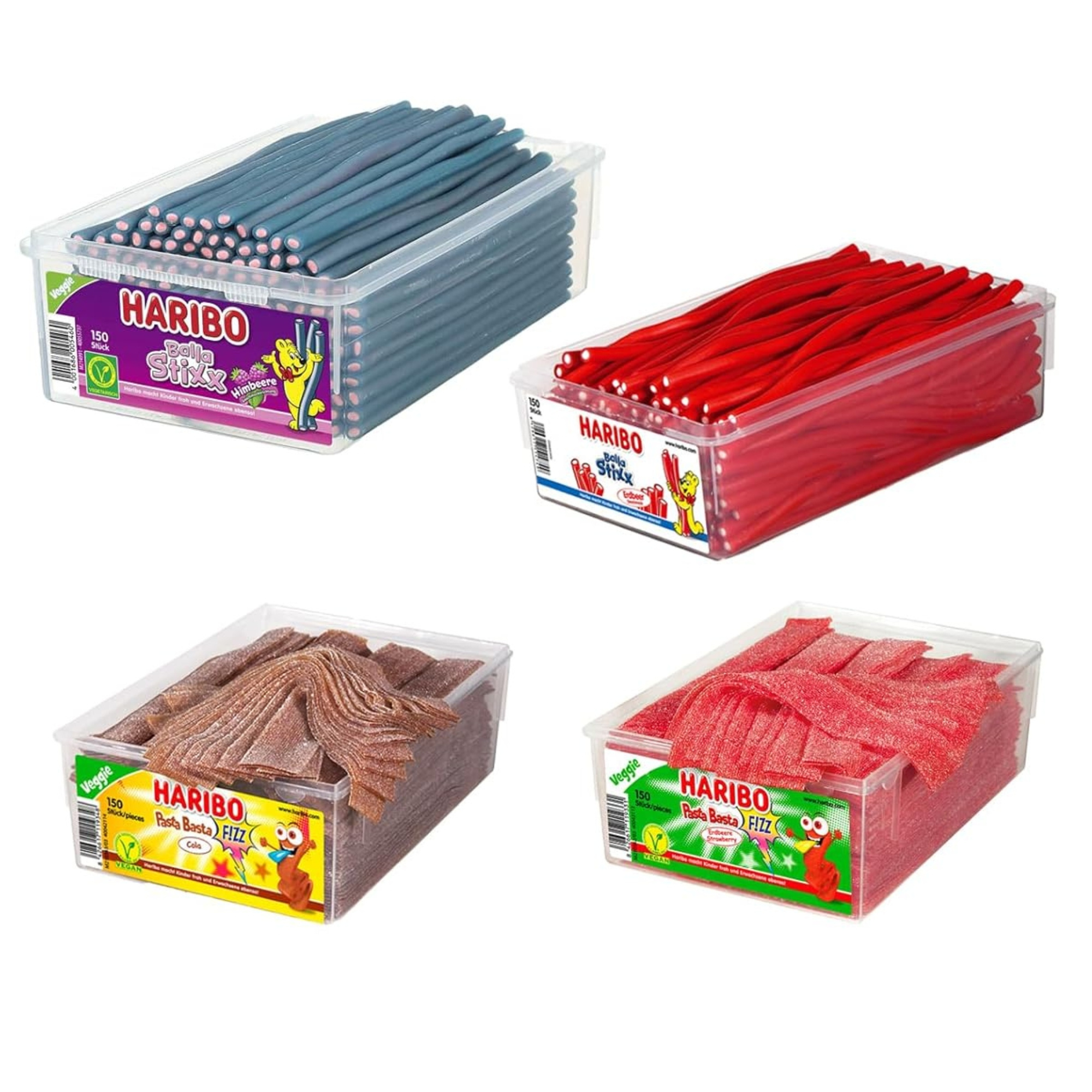 Image of Haribo Ballla 4-pack Assorted Mix: 1x Raspberry 1125g + 1x Strawberry 1125g + 1x Pasta Cola 1125g + 1x Pasta Strawberry 1125g | Total Content 4500g | As A Set For , Party, Or Office Candy