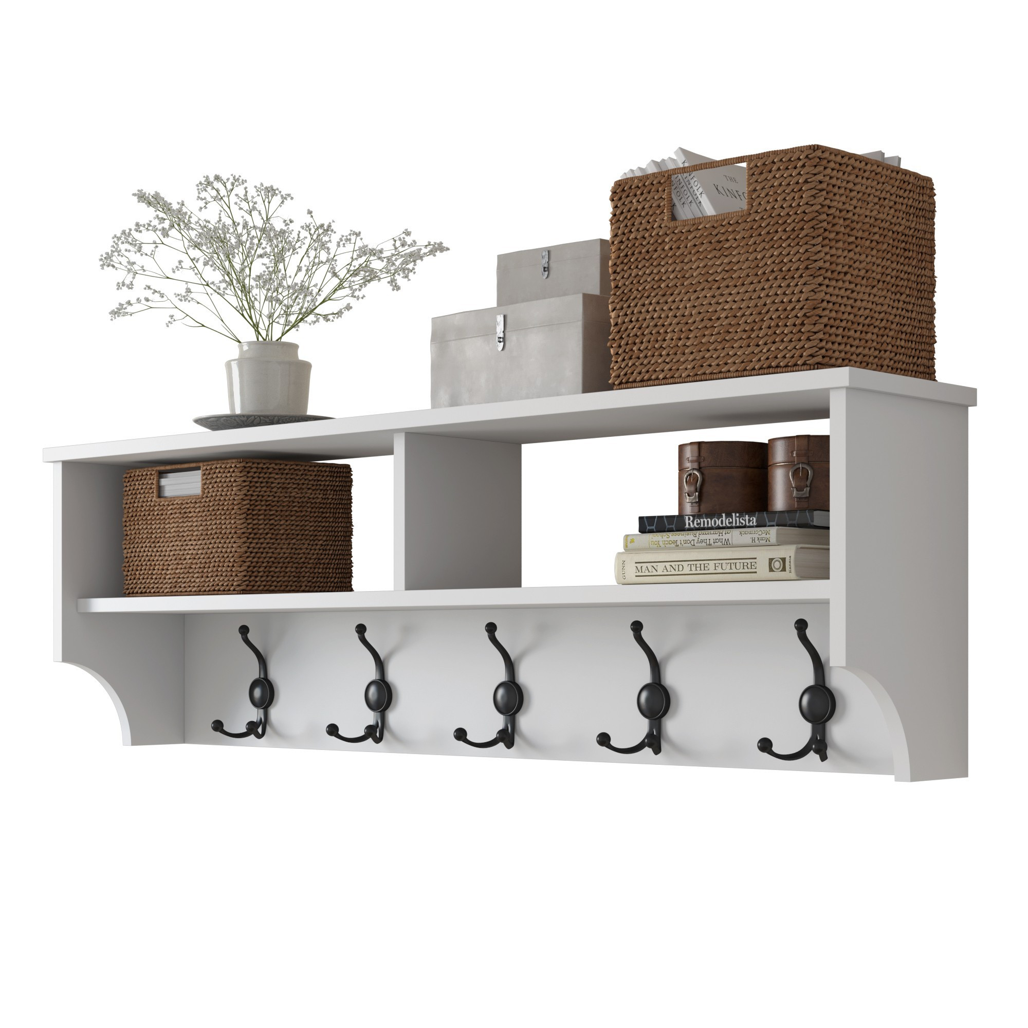 Image of Modern White Wall Coat Rack (120cm) – Coat Panel With Shelves For Hallway & Entryway – Space- Slatted Shelf