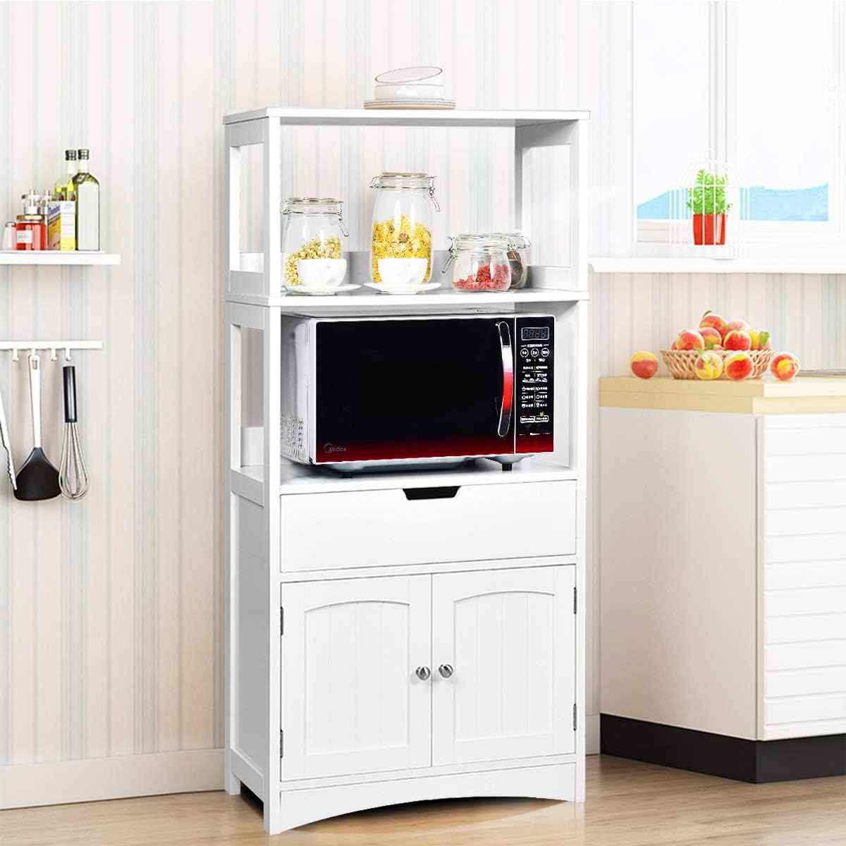 Image of Floor Storage Cabinet, Freestanding Bathroom Cabinet W/ 3-tier Rack, Drawer & Door, Kitchen Pantry Holder W/ Anti-toppling Mechanism, Wooden Entryway Sideboard Organizer For Bedroom, Living Room