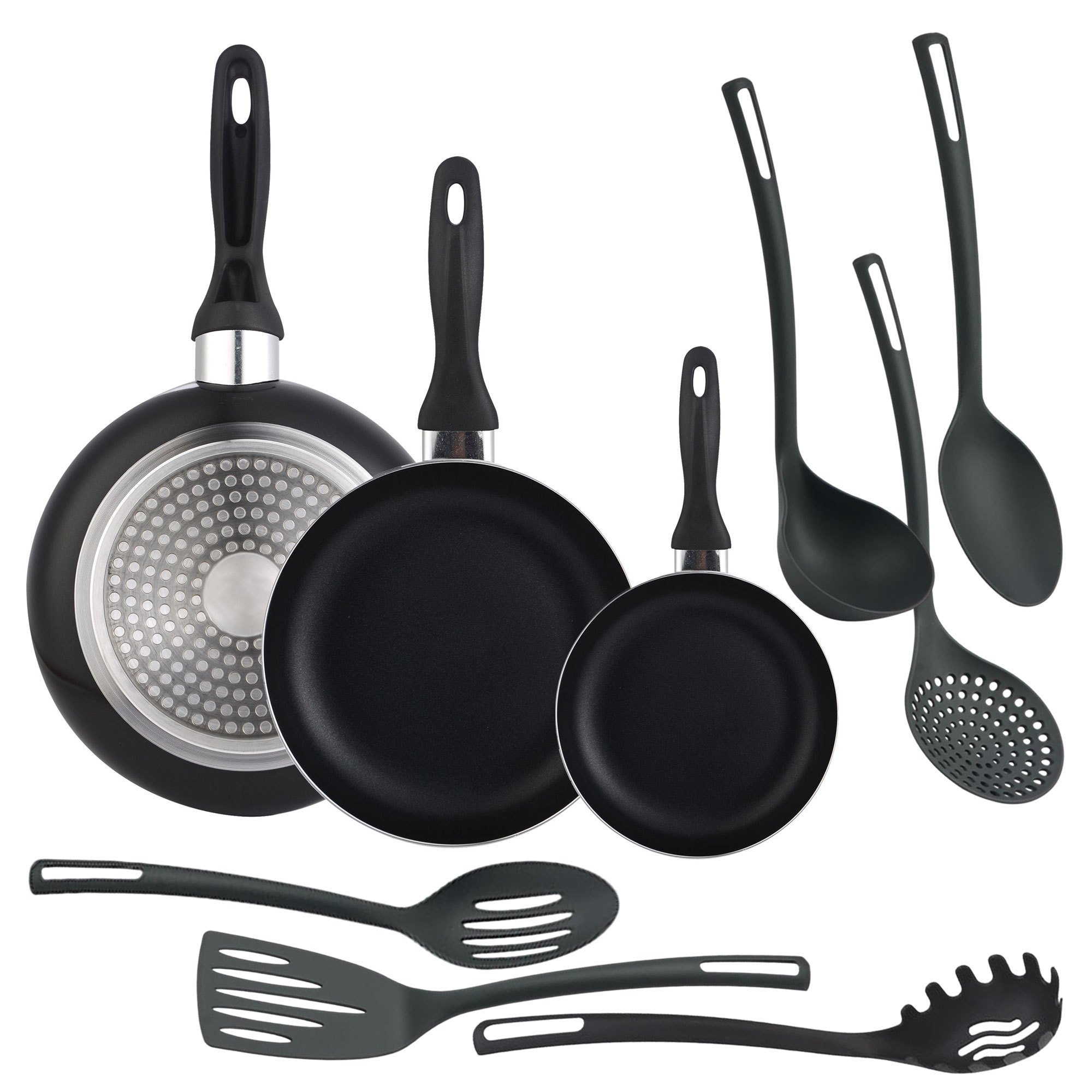 TEMU Well Home Set de 3 Sartenes Ø16Ø20Ø24cm de Aluminio prensado + 6 Utensilios de cocina en PBT color Negro