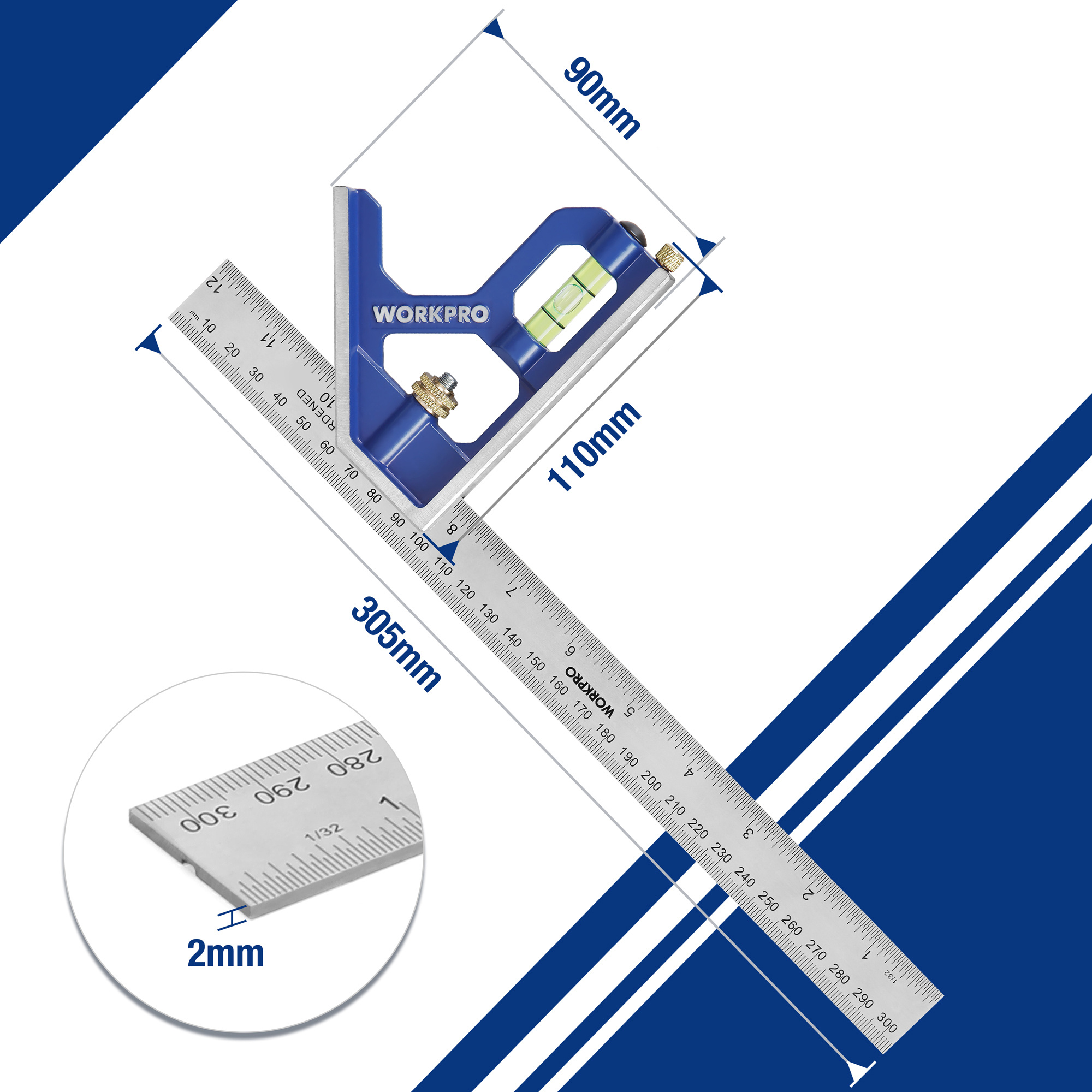 Image of Workpro Combination Angle 300mm, Universal Angle With Spirit Level And Scriber, Adjustable Angle Measurer Made Of Stainless Steel 90/45 Degree Measuring Tool With Alloy Handle