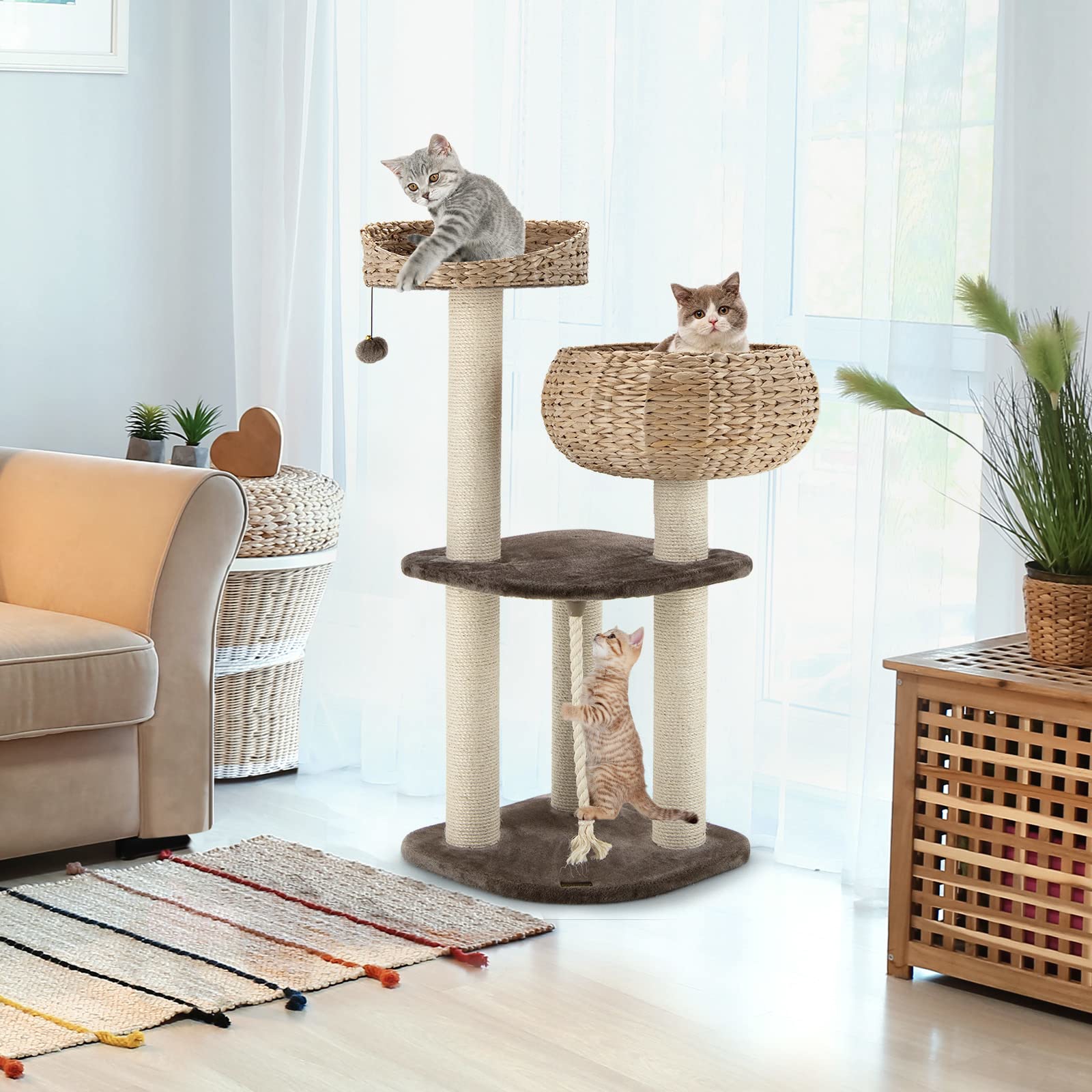 41" Rattan Cat Tree, Cat Activity Tree W/napping Perch, Platform, Hanging Rope, Sisal Scratching Posts & Removable Cushions, Cat Tower For Indoor Cats To Play & Rest